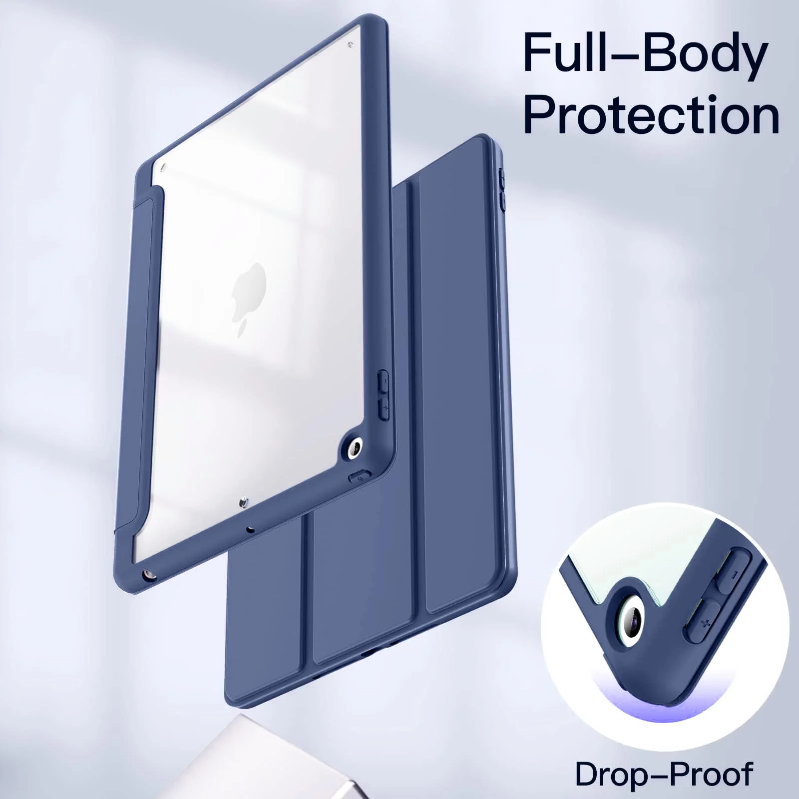 DL3 Mobilak Case for iPad 10.2-Inch (9th/8th/7th Generation, 2021/2020/2019), Clear Shockproof Back Cover Built-in Pencil Holder, Auto Sleep/Wake - Navy Blue