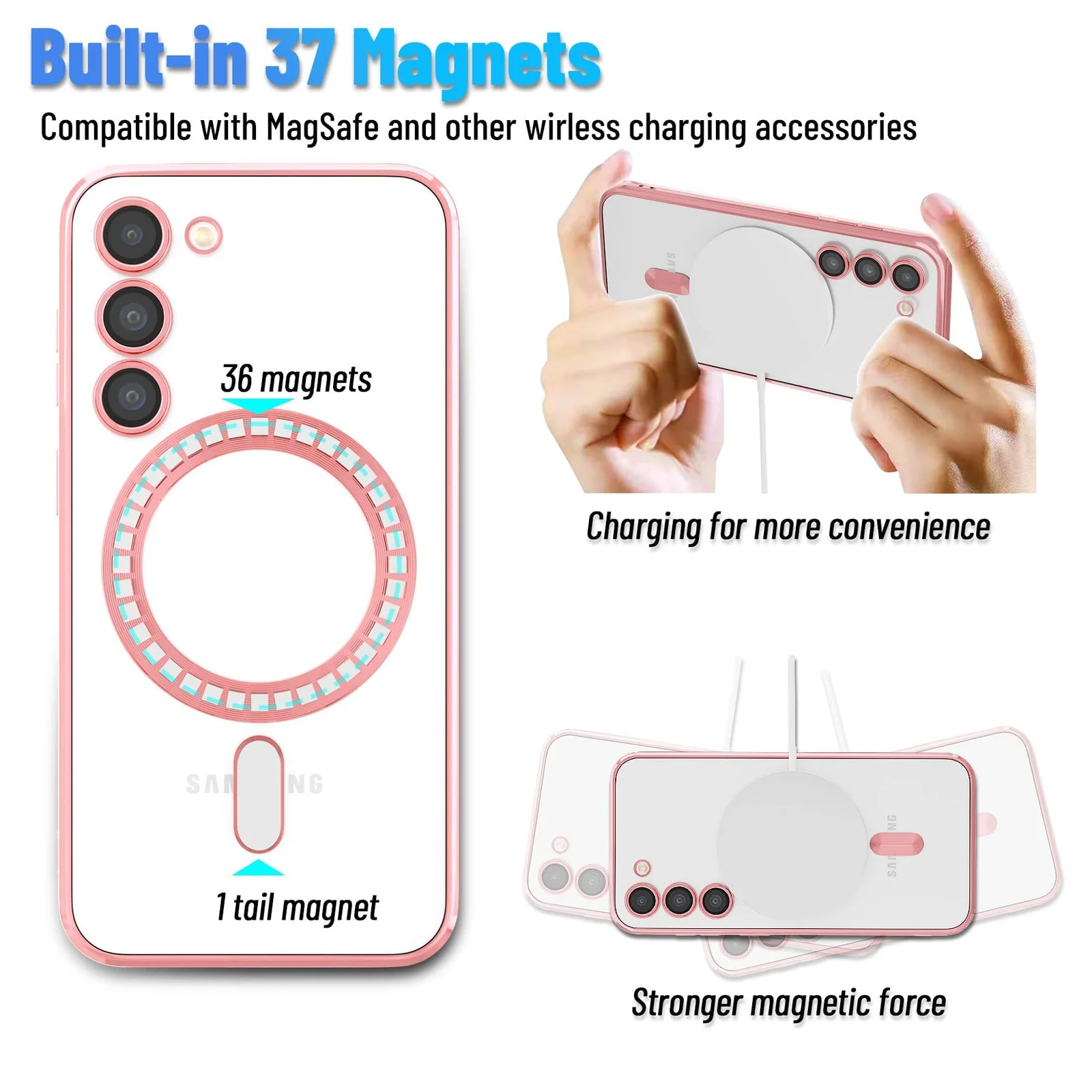 DL3 Mobilak Case For Samsung Galaxy S23 MagSafe with Camera Lens Protector, Magnetic Clear Case Full Protection Plating Anti-Scratch Slim Thin Case Cover - Rose Gold