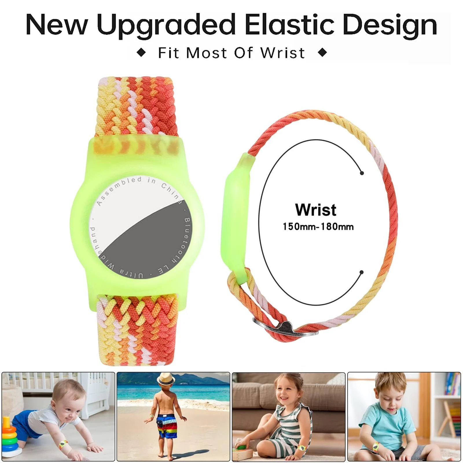 DL3 Mobilak Bracelet for Kids Compatible with AirTag, Nylon Stretch Braided Air Tag Wristband, Protective Case for Airtag GPS Tracker Holder, Adjustable Elastic Watch Strap for Toddler Child Elde - Colorful Orange
