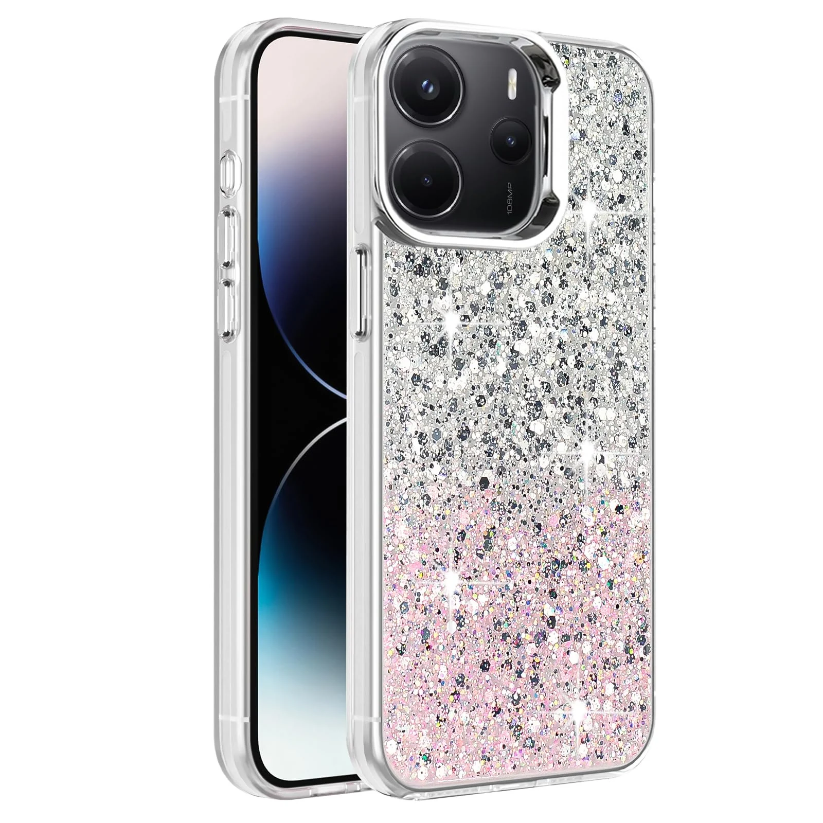 DL3 Mobilak Glitter Protective Case for Xiaomi Redmi Note 14 4G (Not 5G), Supports wireless charging, Camera protection, Shock-absorbing protection - White Pink