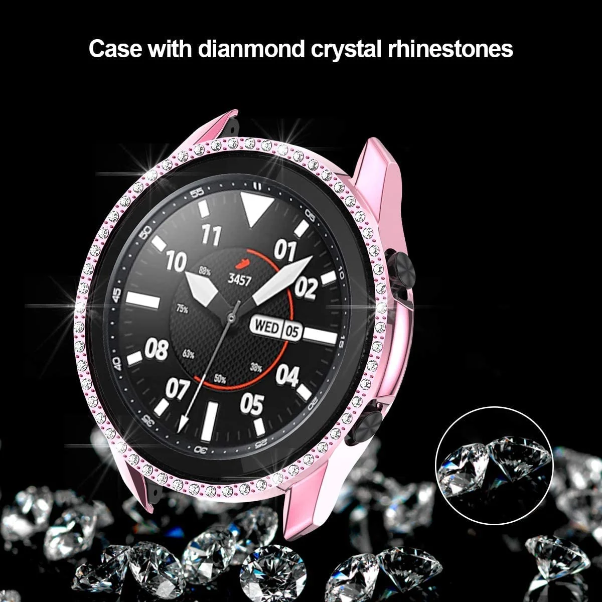 DL3 Mobilak Bumper Diamond Case Compatible with Samsung Galaxy Watch 3 45MM, Bling Crystal Diamonds PC Plastic Protector Case Cover Frame for Galaxy Watch3 45 MM - Pink