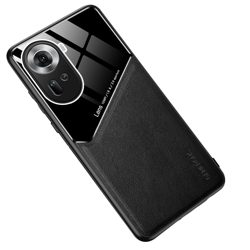 DL3 Mobilak Faux Leather and Plexiglass Protective Case with TPU Frame and Magnetic Car-Mount Support for OPPO Reno 11 5G - Black