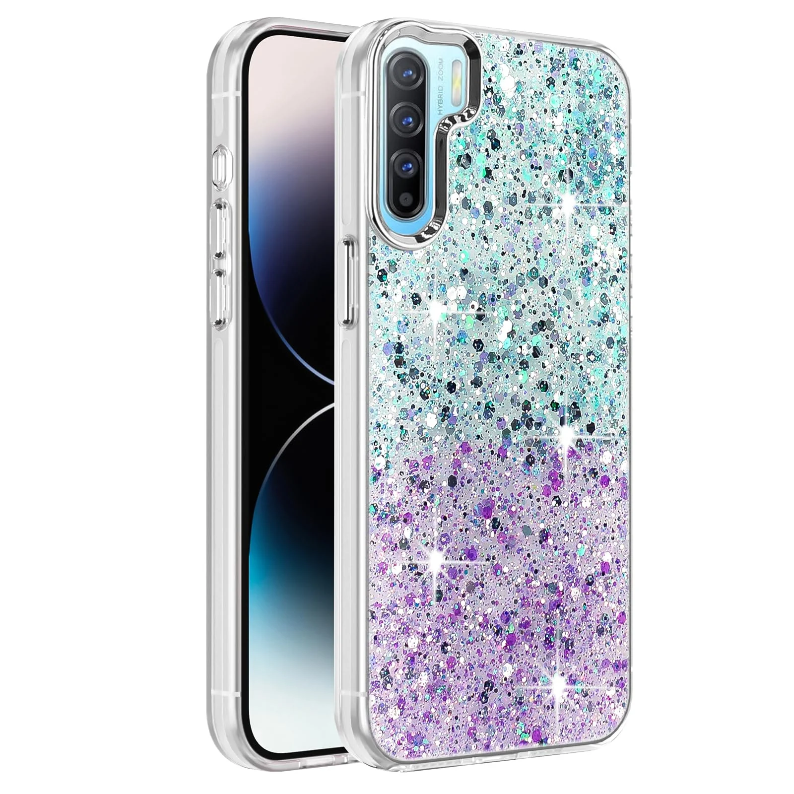 Dl3 Mobilak Compatible with Oppo Reno 3 Case, Clear Glitter Bling Sparkly, Soft TPU Frame Bumper, Hard-Back Cover for Women & Girls, Transparent Protective Phone Case (Pink Purple)