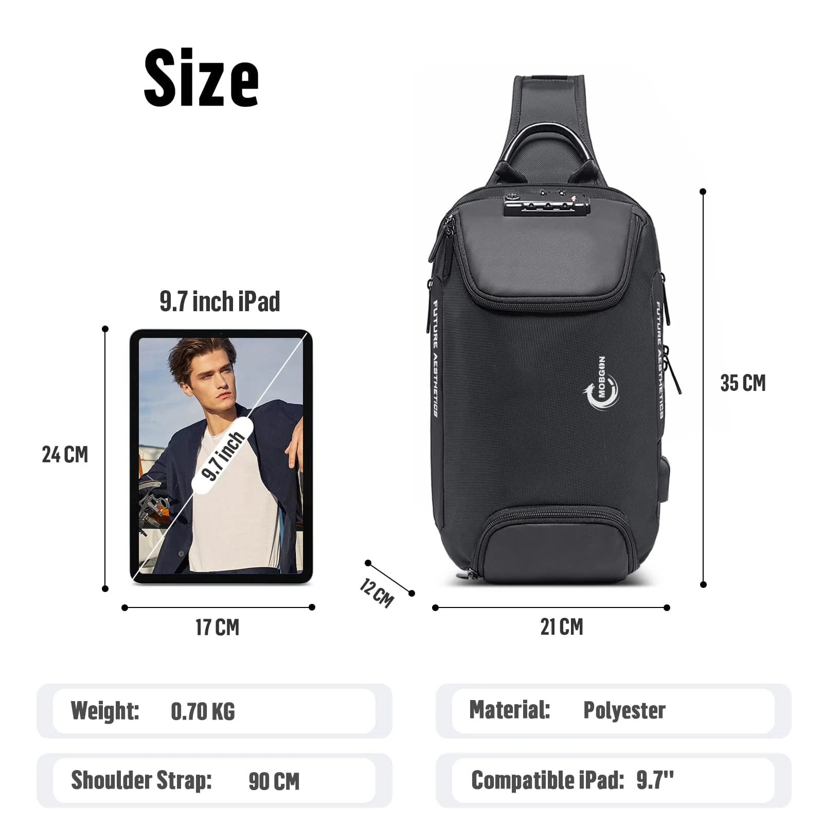 Mobigon Chest Bag for Men, Sling Crossbody Backpack with USB Charging Port & Combination Lock, Waterproof Shoulder Bag, Fits up to 12 Inch Tablet, Anti-Theft Travel Work Hiking Bag - Black