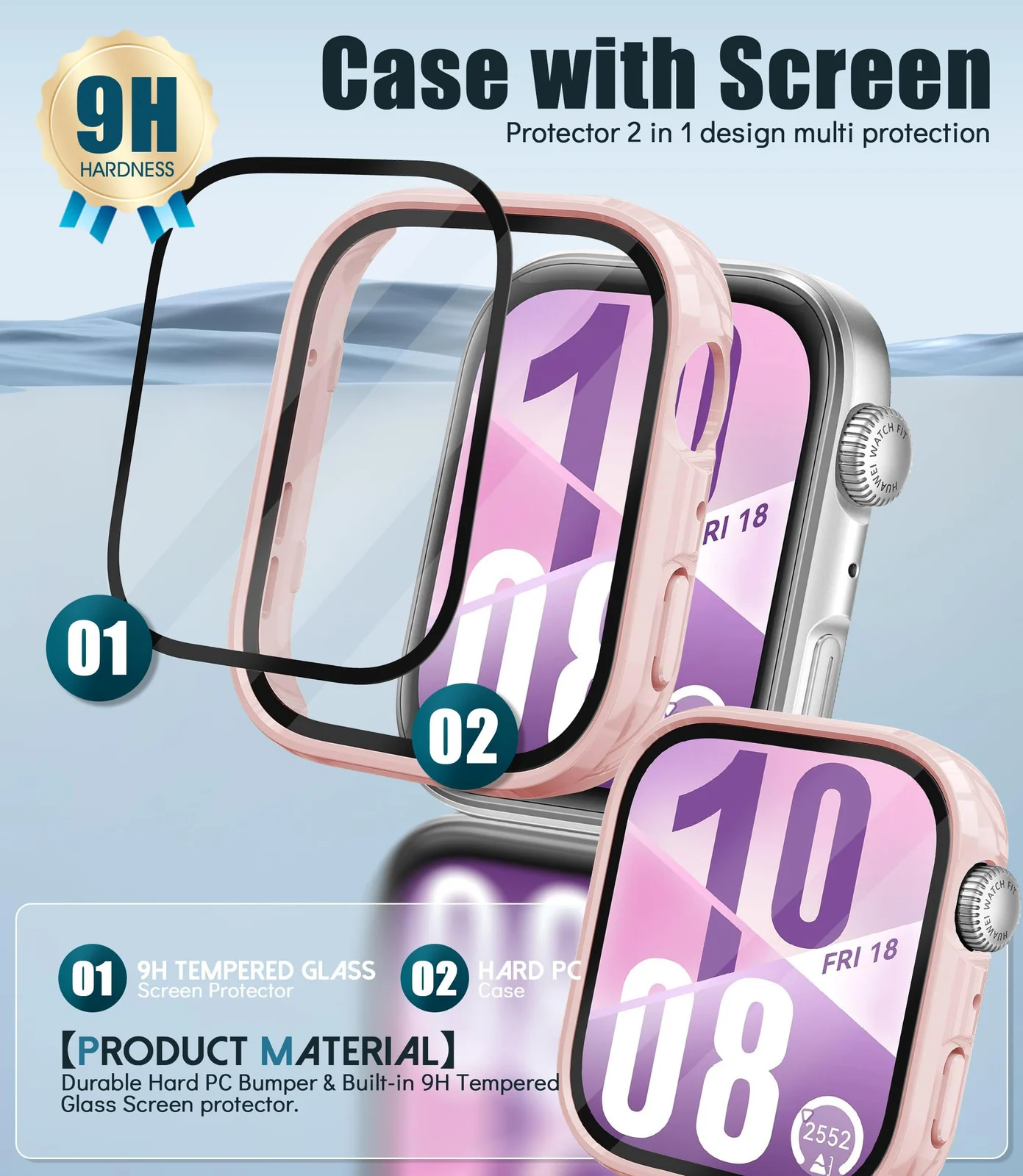 DL3 Mobilak Case Compatible with Huawei Watch Fit 4, Full Coverage Slim Hard Case Protective Bumper Built-in Tempered Glass Screen Protector Shell for Huawei Watch Fit 4 - Pink