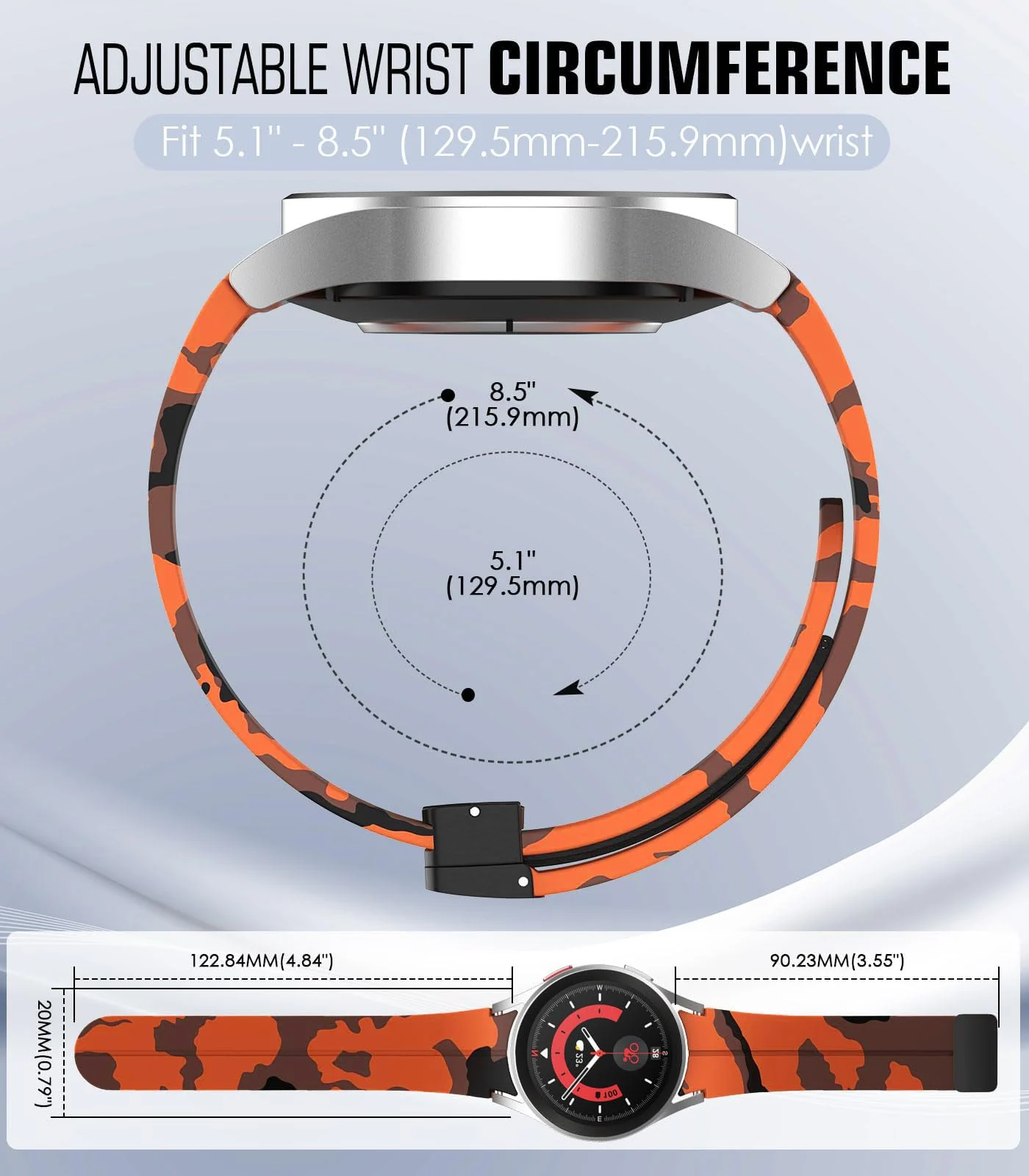 DL3 Mobilak Strap Compatible with Samsung Galaxy Watch 7 FE 6 5 4 Strap 40mm 44mm/Watch 6 Classic 43mm 47mm/5 Pro 45mm/4 Classic 42mm 46mm, No Gap Magnetic Clasp Silicone Band - Camouflage Orange