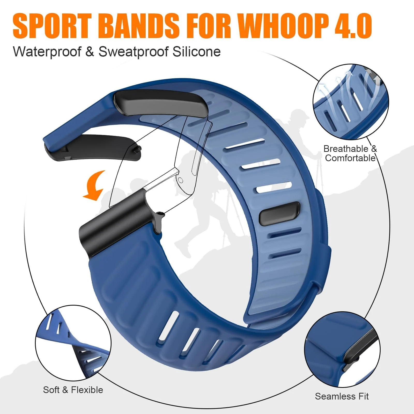 MOBIGON Breathable Silicone Sport Strap for WHOOP 4.0, Navy Blue