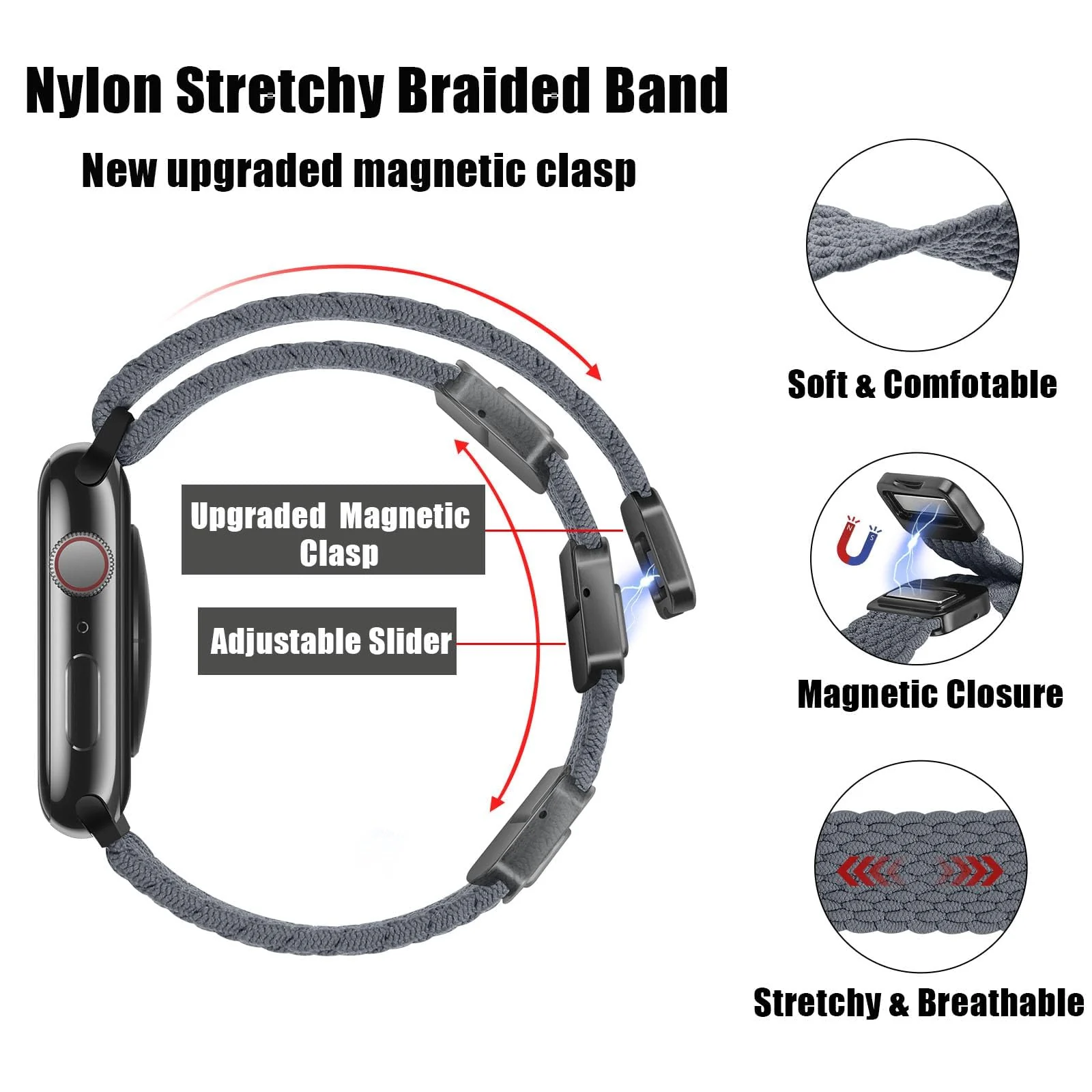 DL3 Mobilak Sport Solo Loop Compatible with Apple Watch Band 42mm 44mm 45mm 46mm 49mm for Women Men, Magnetic Strap Stretchy Braided Wristband for iWatch Series 11 10 9 8 7 6 5 4 3 Ultra 3 2 1 SE SE2 - Grey
