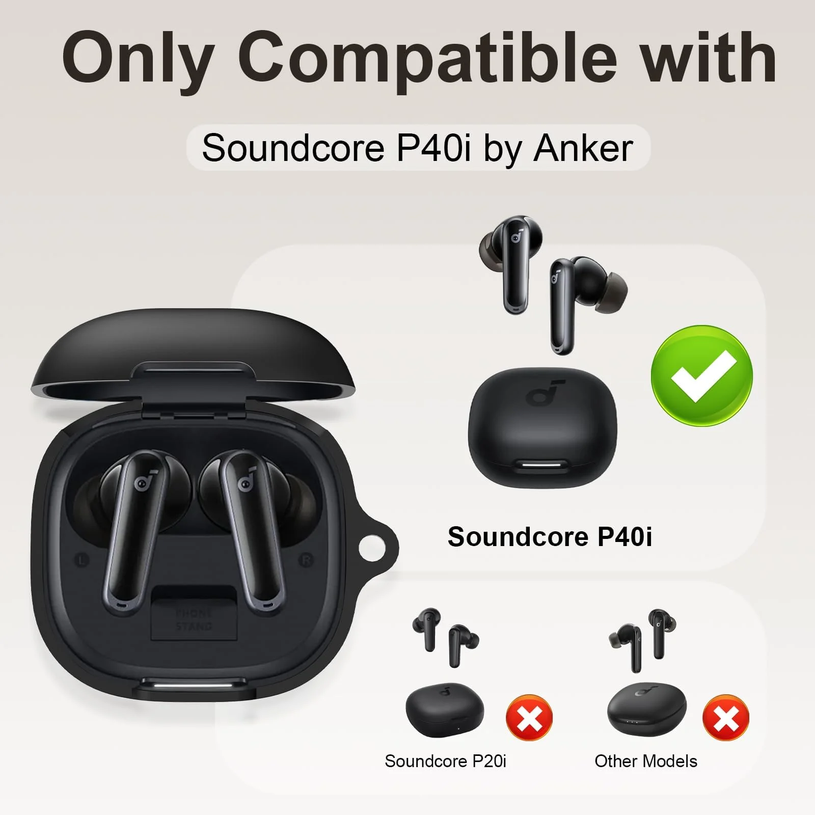 DL3 Mobilak Compatible with Anker Soundcore P40i Case Cover, Soft Silicone Shockproof Protective Skin Case for Soundcore P40i Wireless Earbuds with Carabiner, Front LED Visible - Black