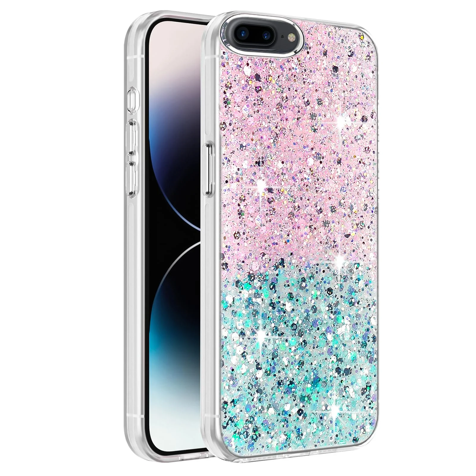 DL3 Mobilak Glitter Protective Case for iPhone 7 Plus / iPhone 8 Plus, Supports wireless charging, Camera protection, Shock-absorbing protection - Pink Green