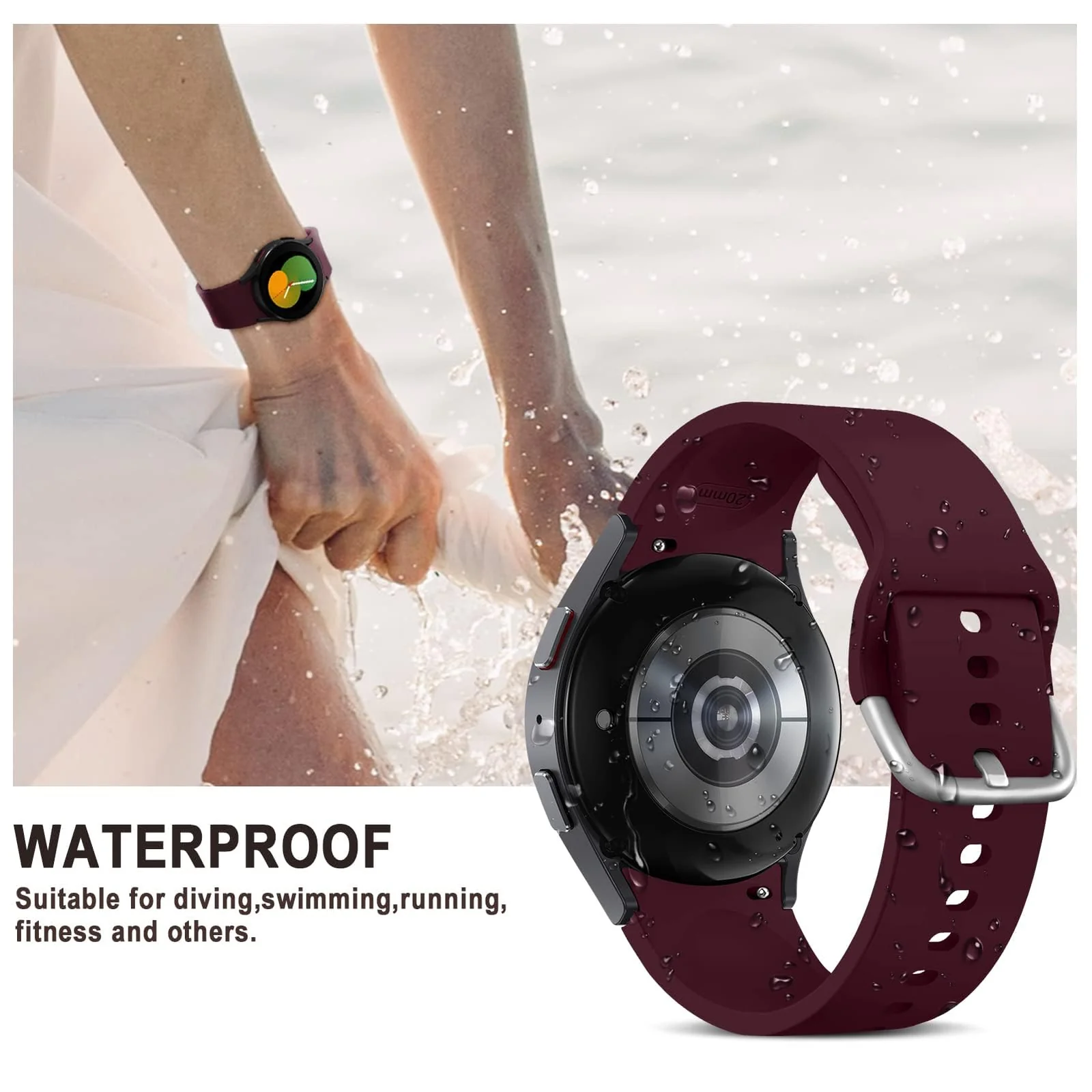 DL3 Mobilak Strap Silicone Buckle 20MM For Samsung Galaxy Watch 7/6/5/4 40mm 44mm/Watch 5 Pro/S2 classic/active 2 40mm 44mm/Amazfi GTS 2/2e/3/3 Pro/GTS 4/GTS 2 Mini/3 Mini/4 Mini/Bip 3/Bip 3 Pro Band - Wine Red