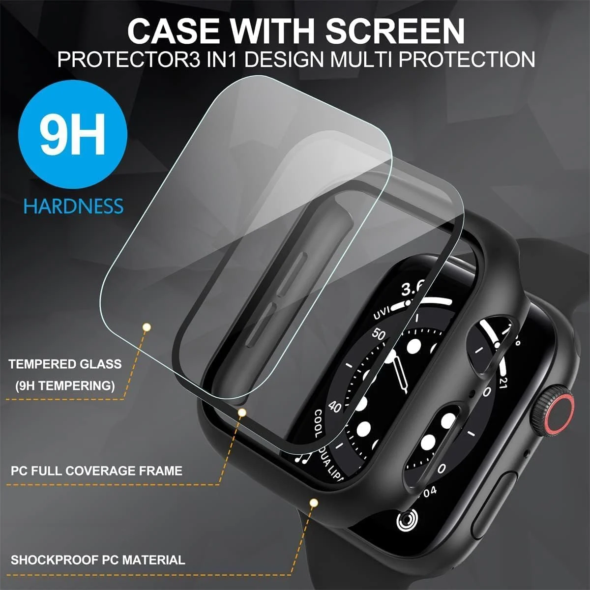 DL3 Mobilak Hard Case Designed for Apple Watch 41mm Series 9 8 7, Built-in 9H [HD Clear] Tempered Glass Screen Protector, [Full Protection] Slim Cover for iWatch 41mm Series 9 8 7 - Black