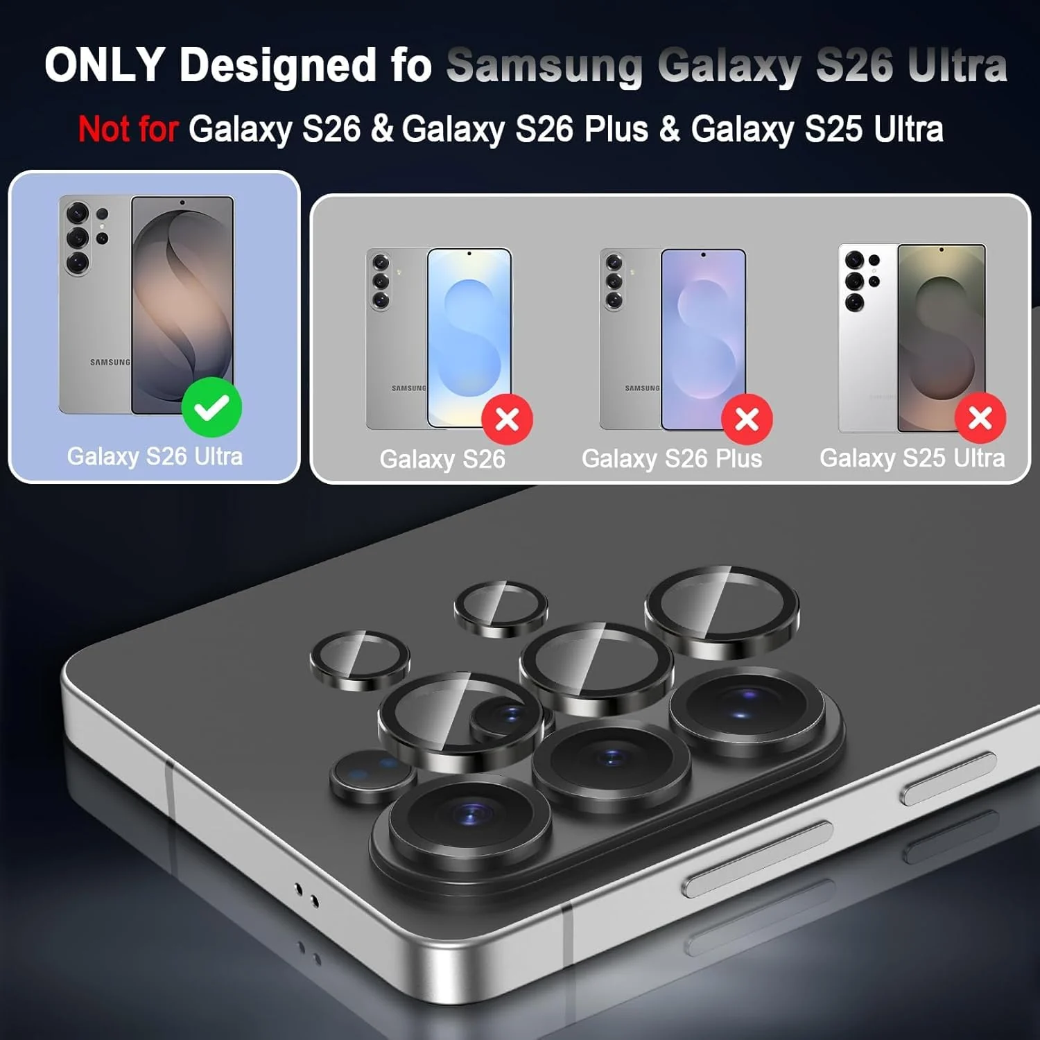 DL3 Mobilak Camera Lens Protector for Samsung Galaxy S26 Ultra Accessories, 9H Tempered Glass Metal Individual Ring Camera Cover Screen Protector, Case Friendly, Anti Scratch - Black