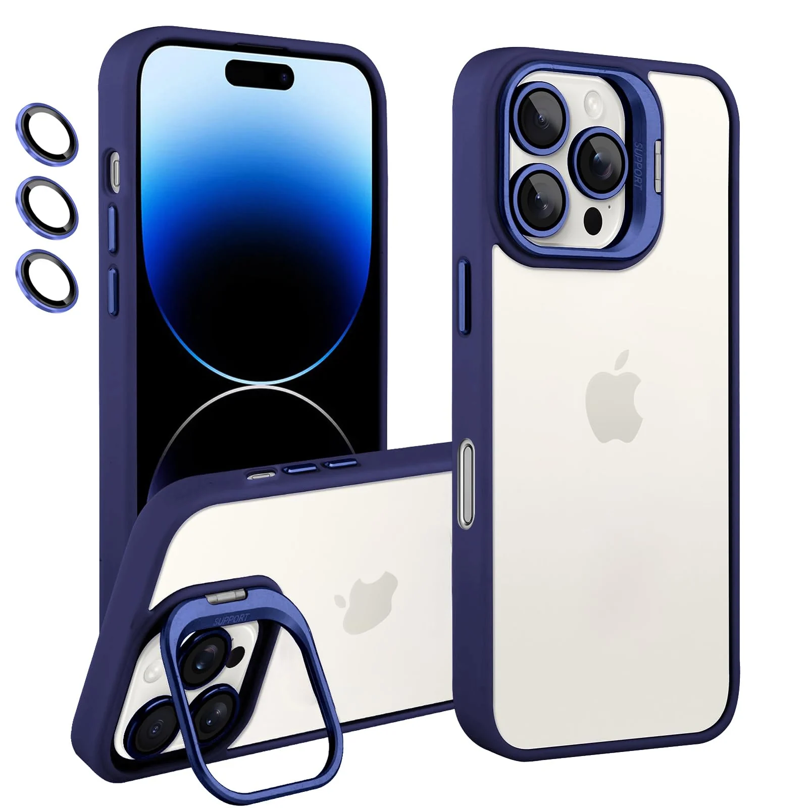 DL3 Mobilak Clear PC and TPU Case with Camera Ring Kickstand and Lens Protector for iPhone 16 Pro - Blue