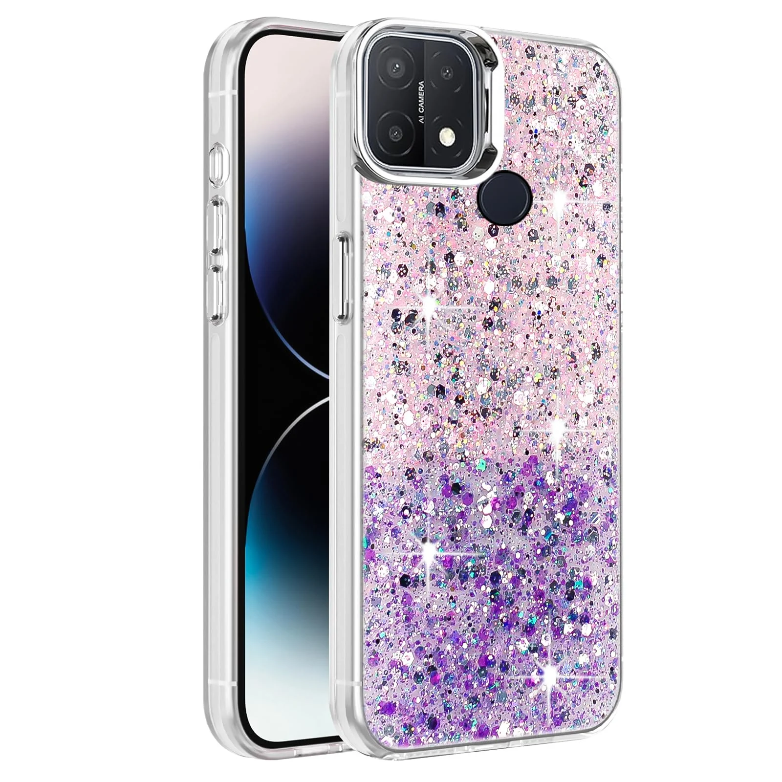 DL3 Mobilak Compatible with OPPO A15 / OPPO A15S Case, Clear Glitter Bling Sparkly, Soft TPU Frame Bumper, Hard-Back Cover for Women & Girls, Transparent Protective Phone Case - Pink Purple