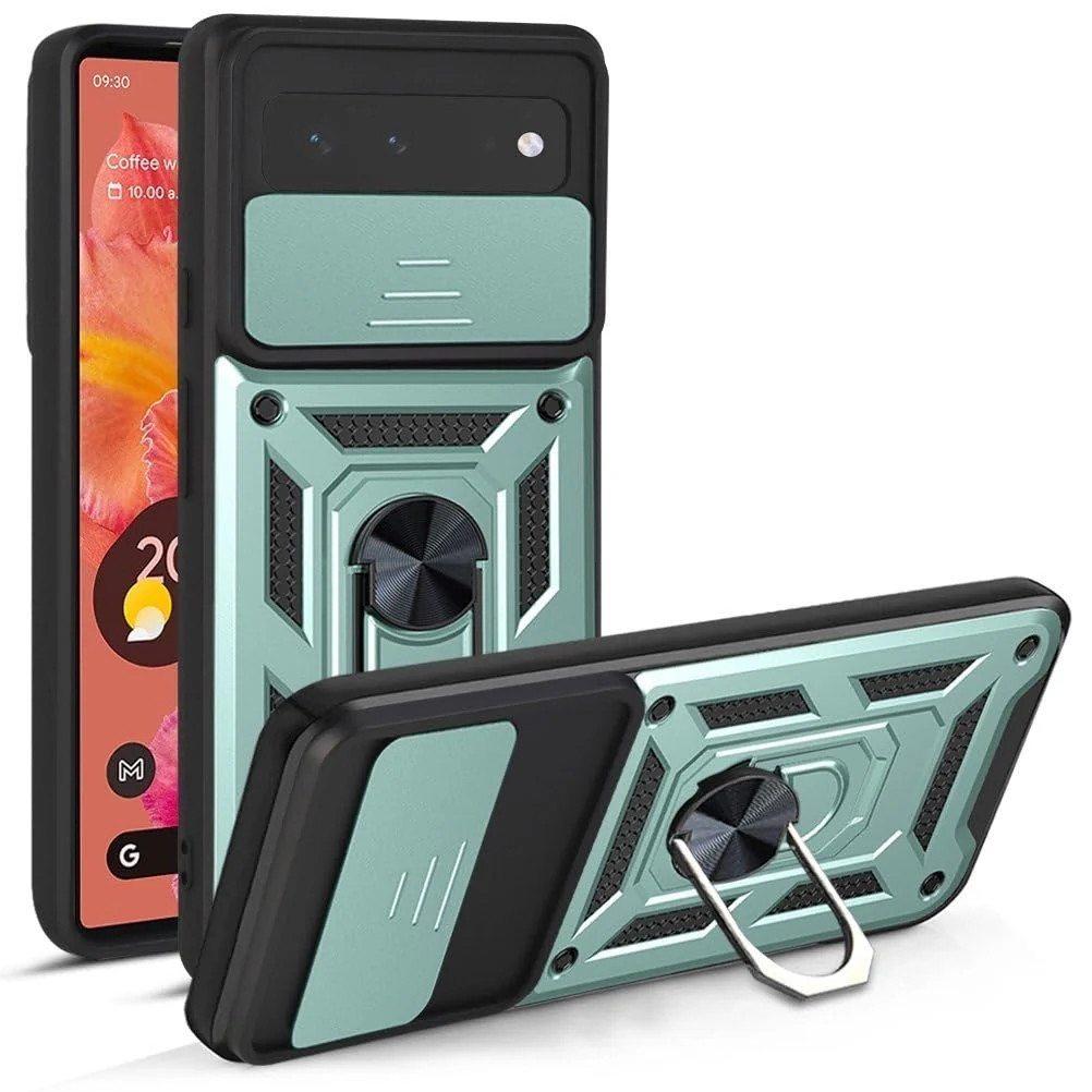 DL3 Mobilak Case for Google Pixel 6 with Slide Camera Cover, Military Grade Shockproof Protective Cover with Rotatable Metal Ring Kickstand [Support Magnetic Car Mount] - Green