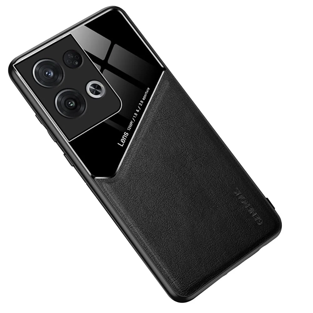DL3 Mobilak Leather and PC Protective Case for OPPO Reno 8 5G / Reno8 5G, Built-in magnetic car-mount support, Shock-absorbing protection, Raised edges around the screen and camera - Black
