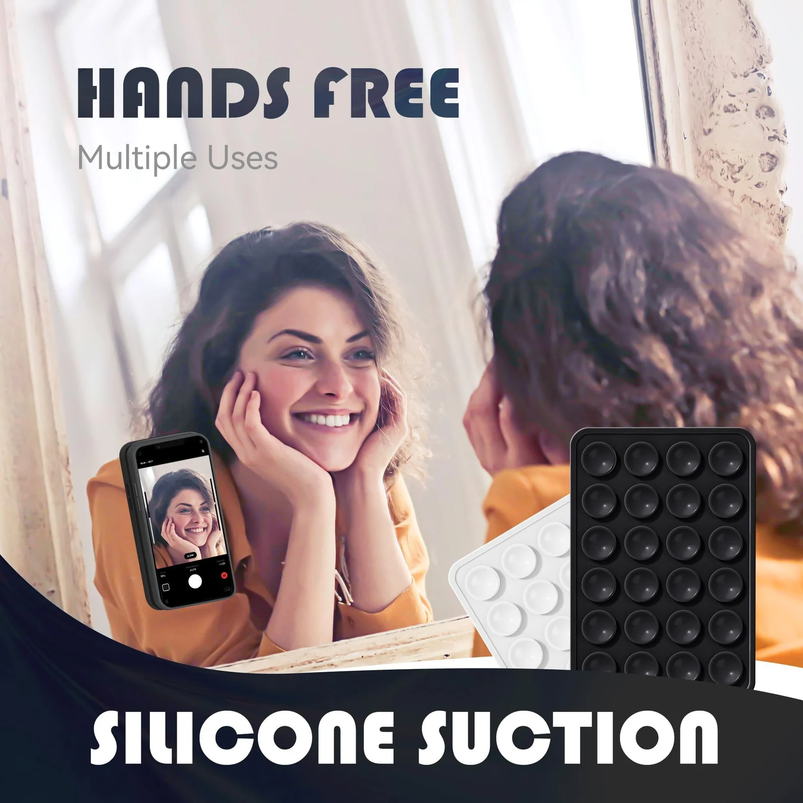 DL3 MOBILAK Silicone Suction Phone Case Mount, Sillicon Adhesive Phone Accessory for iPhone and Android, Hands-Free Fidget Toy Mirror Shower Phone Strong Grip Holder, Videos and Selfies - Black