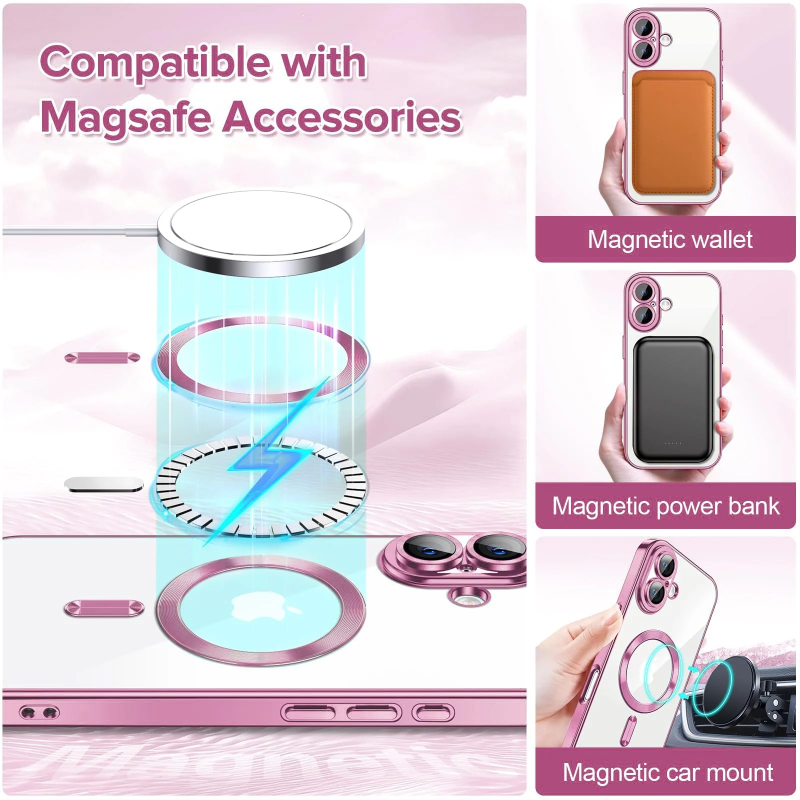 DL3 Mobilak Clear MagSafe-Compatible Magnetic Case for iPhone 17 with Camera Protection and Magnetic Car-Mount Support - Pink