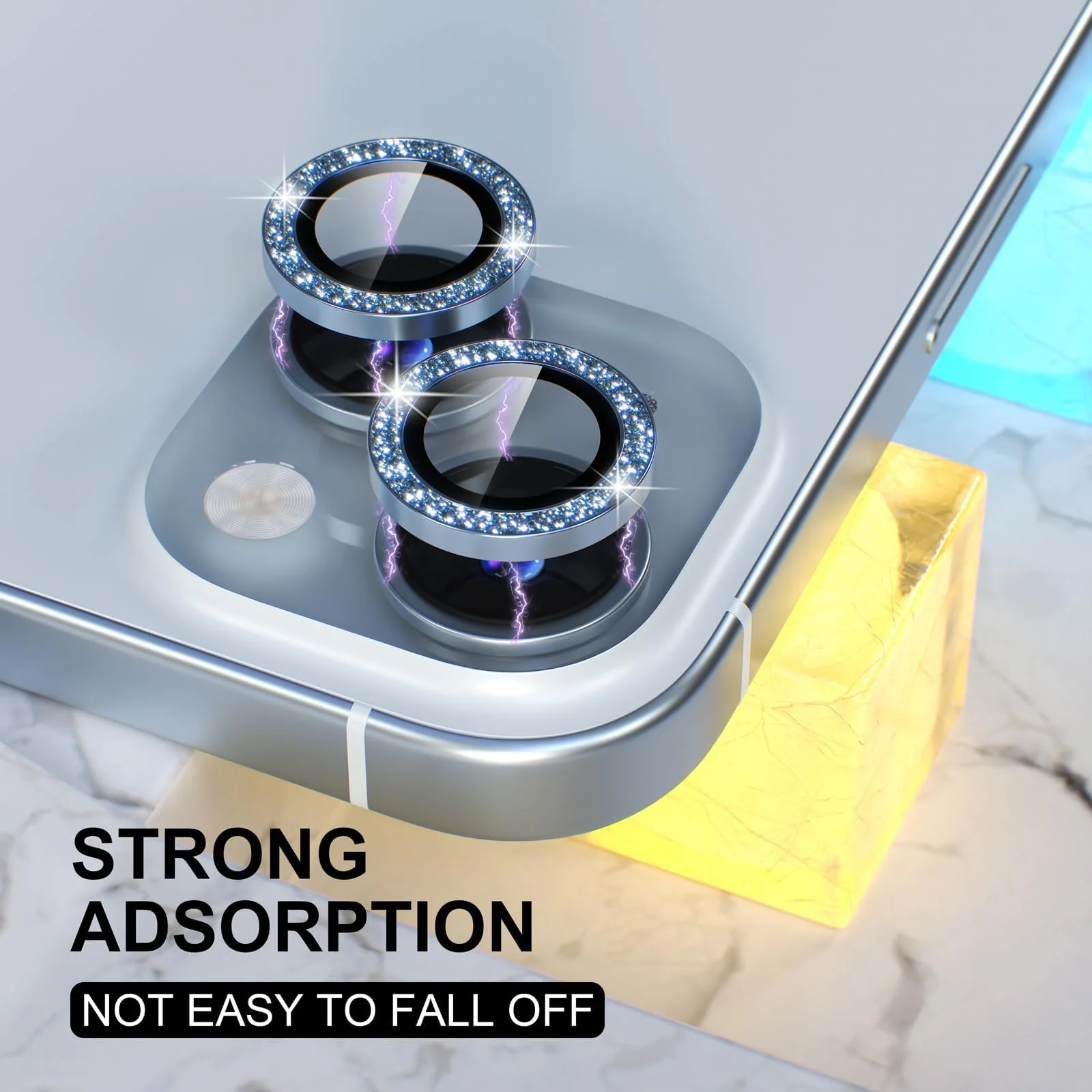 DL3 Mobilak Compatible with iPhone 15/15 Plus & iPhone 14/14 Plus Camera Lens Protector, Anti-Scratch HD Tempered Glass Lens Screen Protection Cover, Metal Individual Lens Ring - Glitter Blue