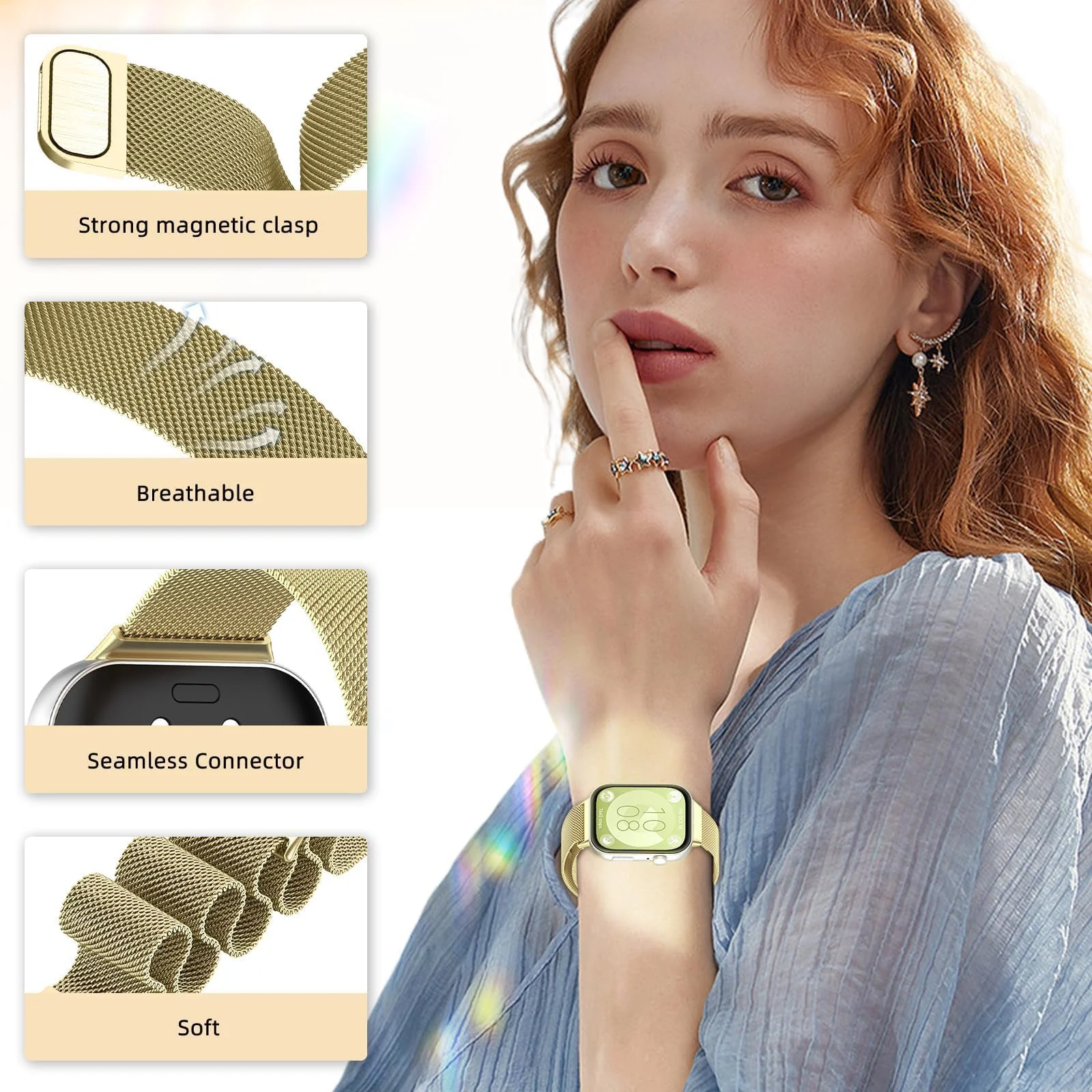 DL3 MOBILAK Milanese Magnetic Stainless-Steel Watch Strap for Huawei Watch Fit 3 and 4 and 5 and 5 Pro - A-Gold