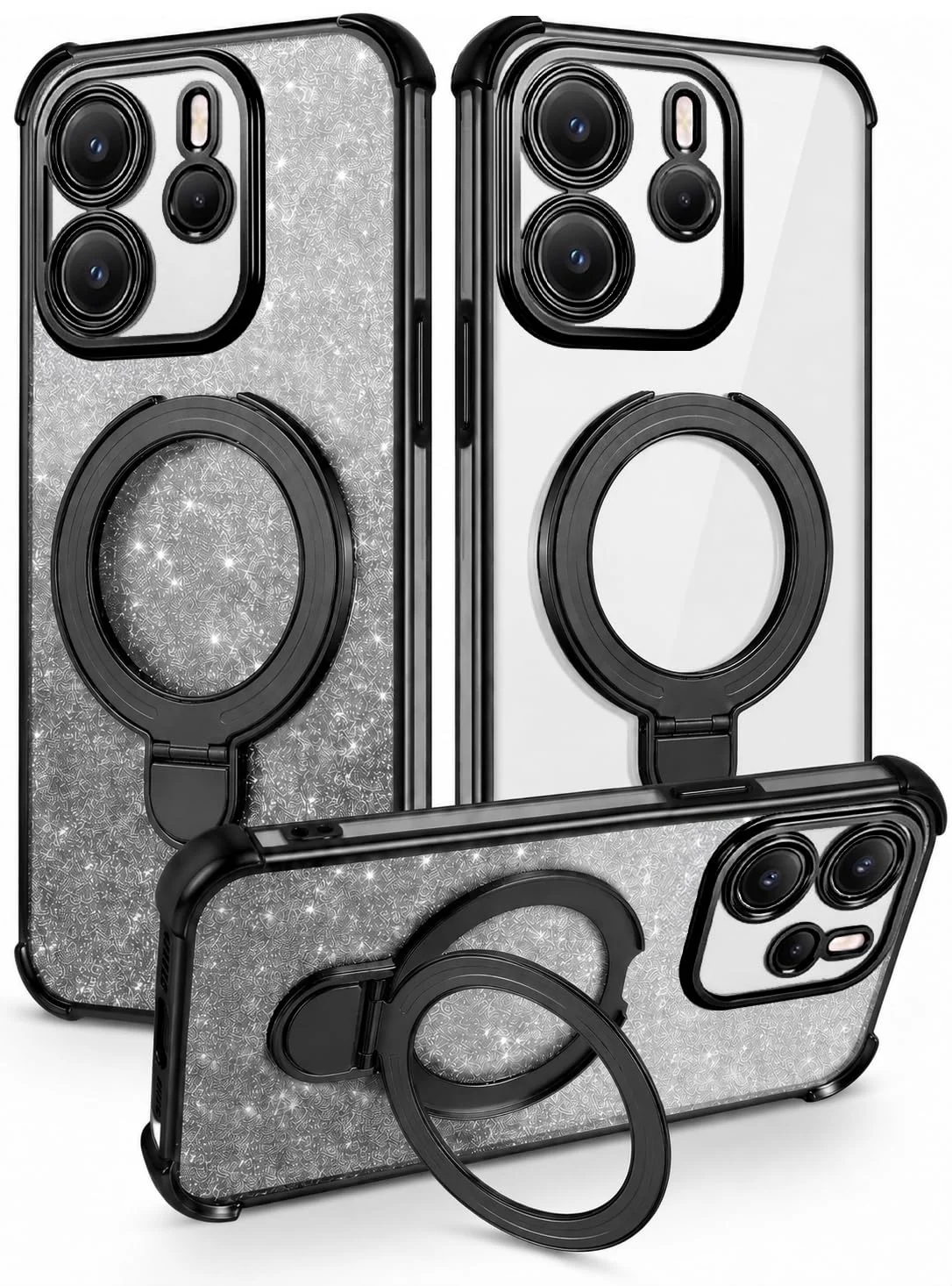 Mobigon Glitter Phone Case Compatible with Xiaomi Redmi Note 14 4G (Not 5G), Magnetic Ring Stand Shockproof Cover, Clear Soft TPU Bumper with Full Camera Protection