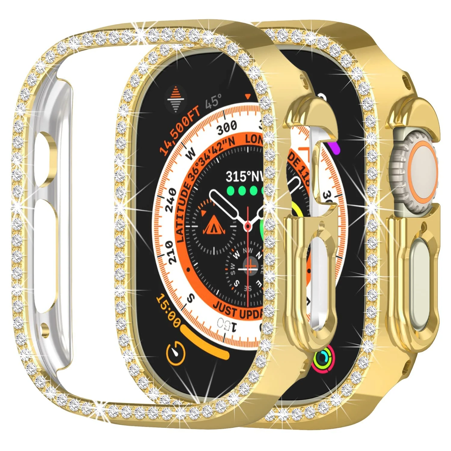 DL3 Mobilak Compatible with Apple Watch Ultra 49mm Bling Diamond Case PC Bumper Protective Cases Women Girls Crystal Shining Rhinestone Cases Smartwatch Accessories Case - Gold