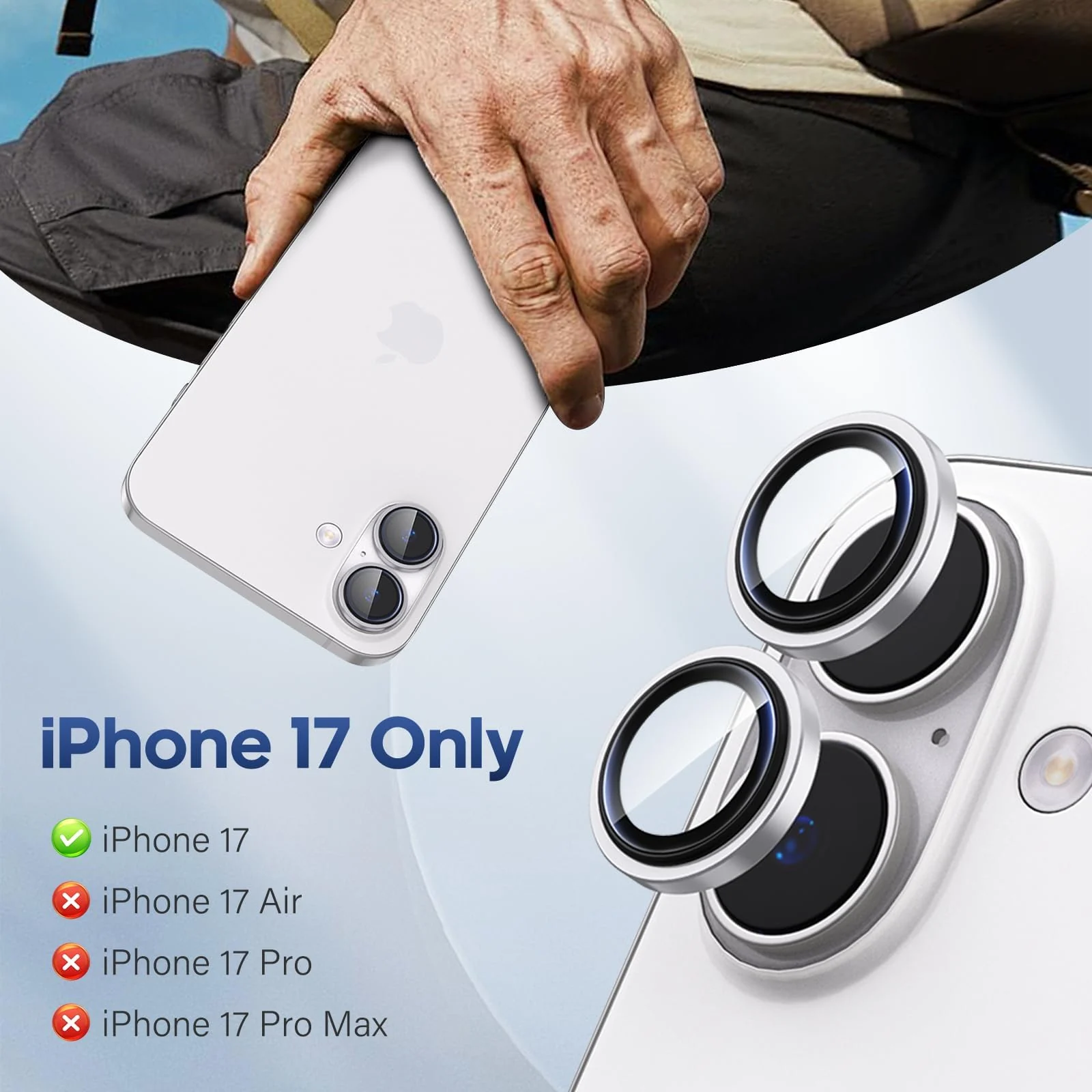 DL3 Mobilak Camera Lens Protector for iPhone 17 Accessories, 9H Tempered Glass Metal Individual Ring Camera Cover Screen Protector, Case Friendly, Anti Scratch - White