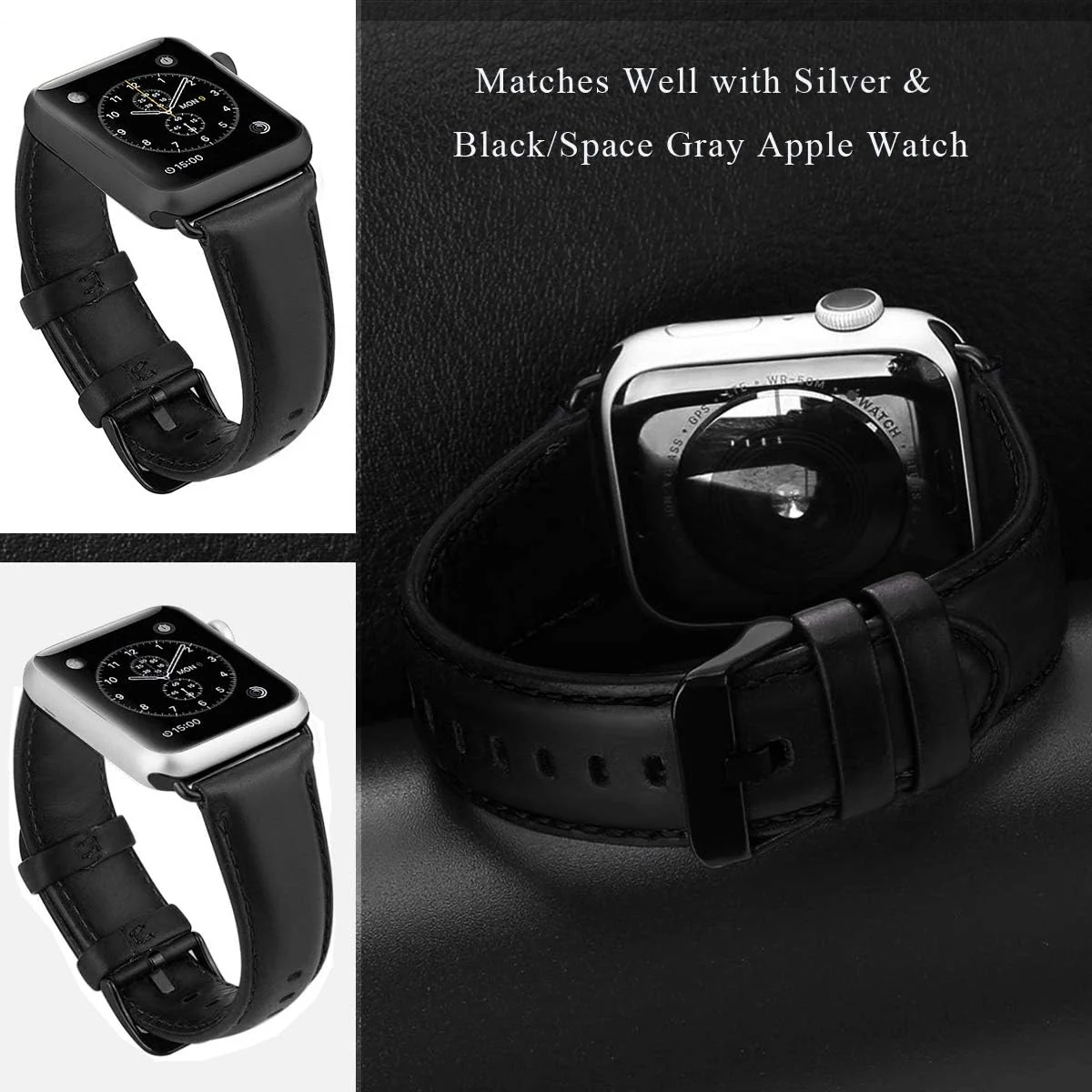 DL3 Mobilak Compatible with Apple Watch Band 49mm 46mm 45mm 44mm 42mm Leather Band Replacement Strap, Soft Leather Bracelet for iWatch Series 11 10 9 8 7 6 5 4 SE SE2 Ultra 3 2 1 - Black