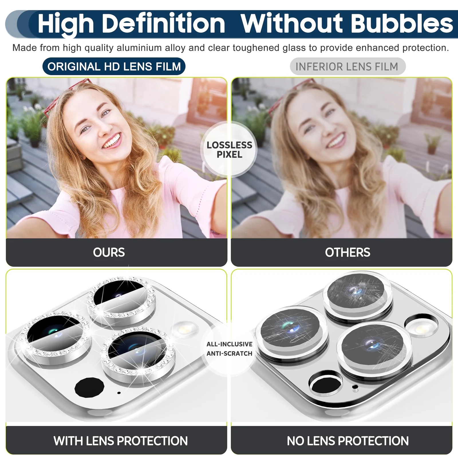 DL3 Mobilak Camera Lens Protector For iPhone 15 Pro/iPhone 15 Pro Max, [Keep Original Shooting] Tempered Glass Screen Protector Metal Individual Camera Cover, Case Friendly - Diamond Silver