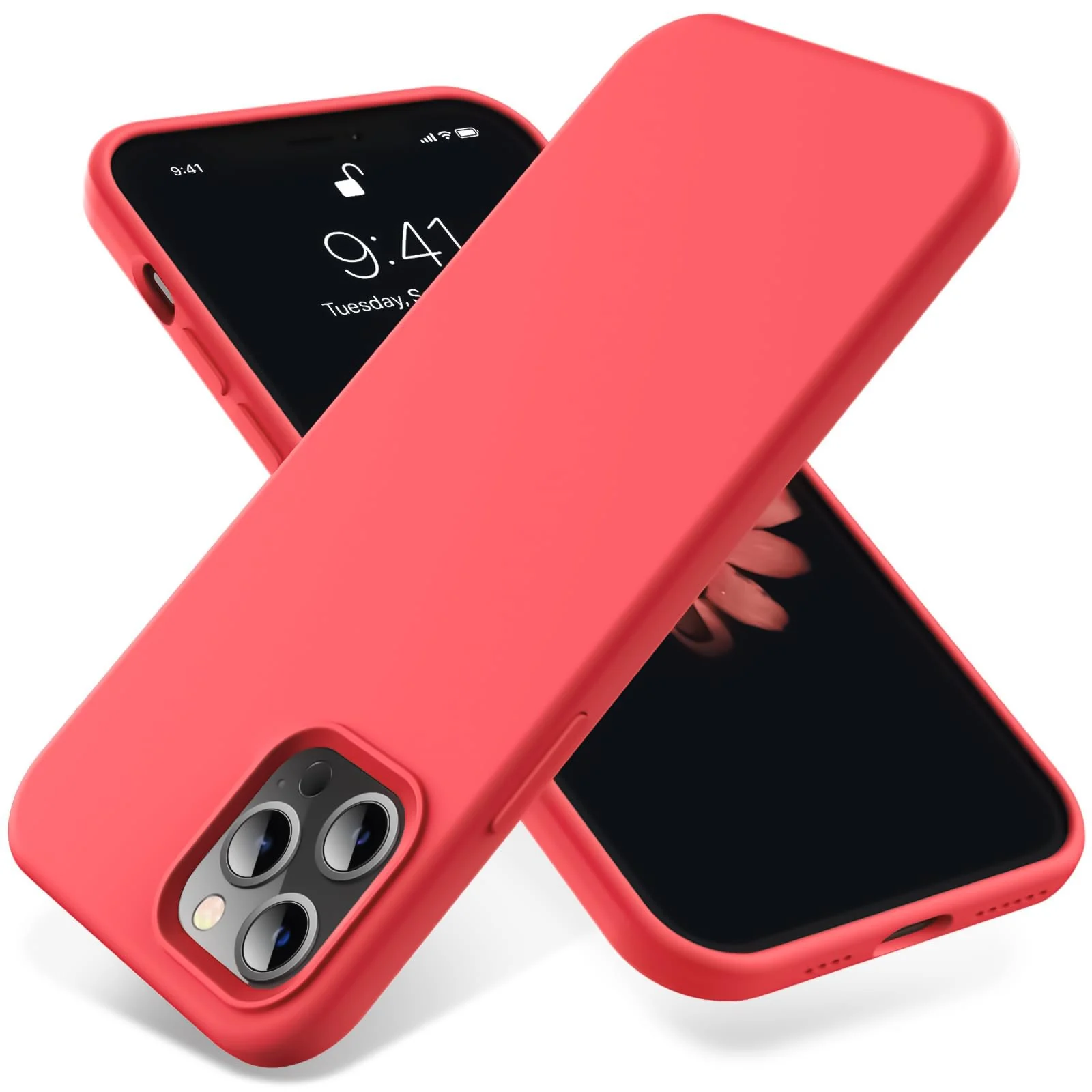 "DL3 Mobilak Compatible with iPhone 15 Pro Case 6.1"", Slim Liquid Silicone 3 Layers Full Covered Soft Gel Rubber Cover Protective Phone Case with Anti-Scratch Microfiber Lining - Neon Coral"