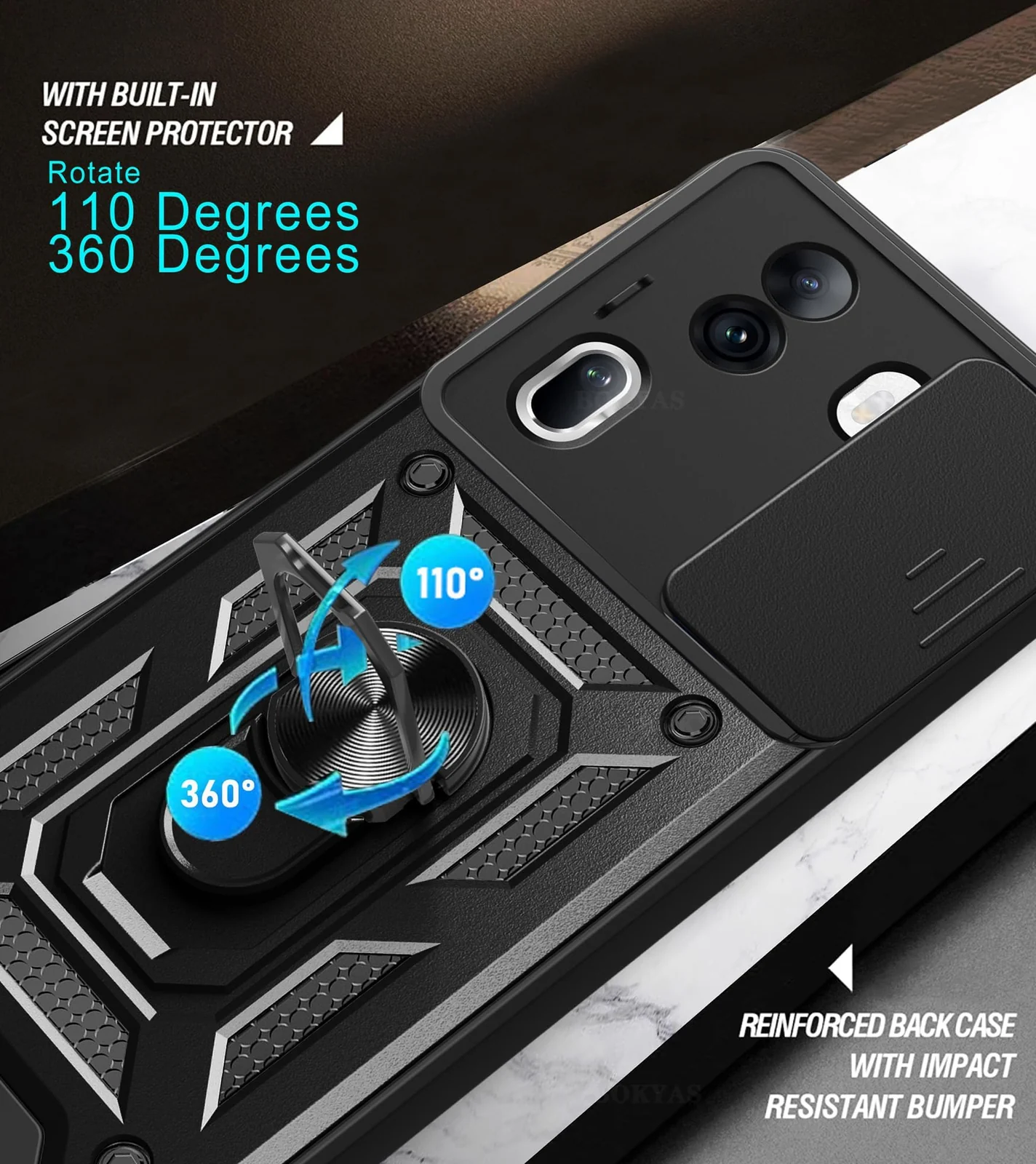 DL3 Mobilak Silicone Protective Case for OPPO Reno 11 5G with Slide Camera, Built-in magnetic car-mount support, Shock-absorbing protection, Built-in kickstand - Black