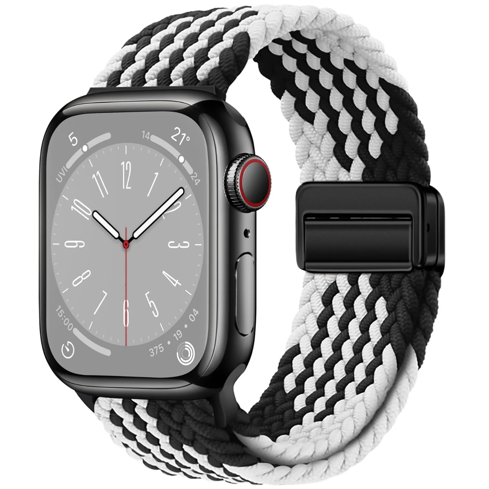 DL3 Mobilak Sport Solo Loop Compatible with Apple Watch Band 42mm 44mm 45mm 46mm 49mm for Women Men, Magnetic Strap Stretchy Braided Wristband for iWatch Series 11 10 9 8 7 6 5 4 3 Ultra 3 2 1 SE SE2 - Black White