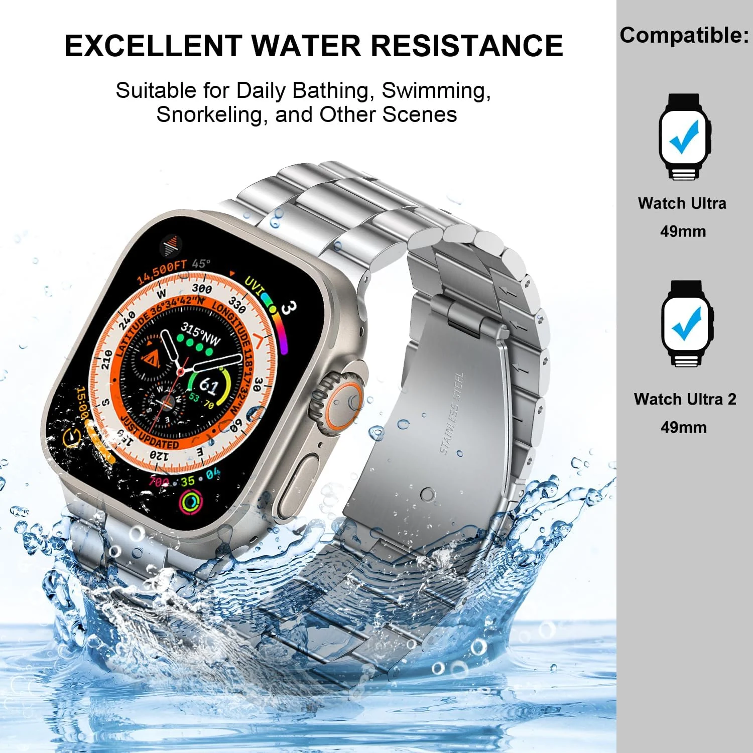 DL3 Mobilak Stainless Steel Band with Case Compatible with Apple Watch Ultra 49mm, Men Woman Business Metal Strap with Protective Bumper Cover for Apple Watch Ultra 2 Ultra 49mm - Silver