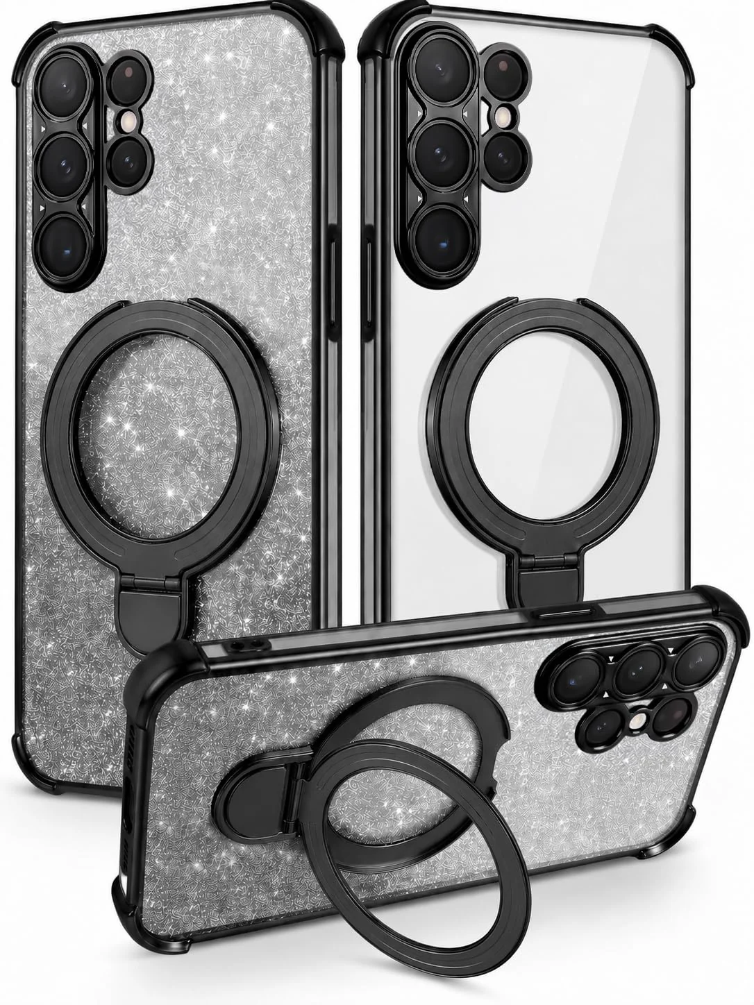 MOBIGON Glitter Phone Case with Magnetic Ring Stand for Samsung Galaxy S24 Ultra, Black