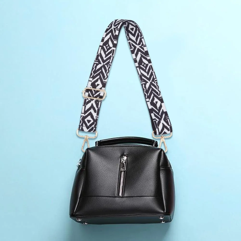 DL3 Mobilak Adjustable Wide Crossbody Bag Strap for Women, Replacement Shoulder Strap for Handbags, Totes & Purses with Elegant Embroidered Pattern and Metal Hooks - Black Geometry