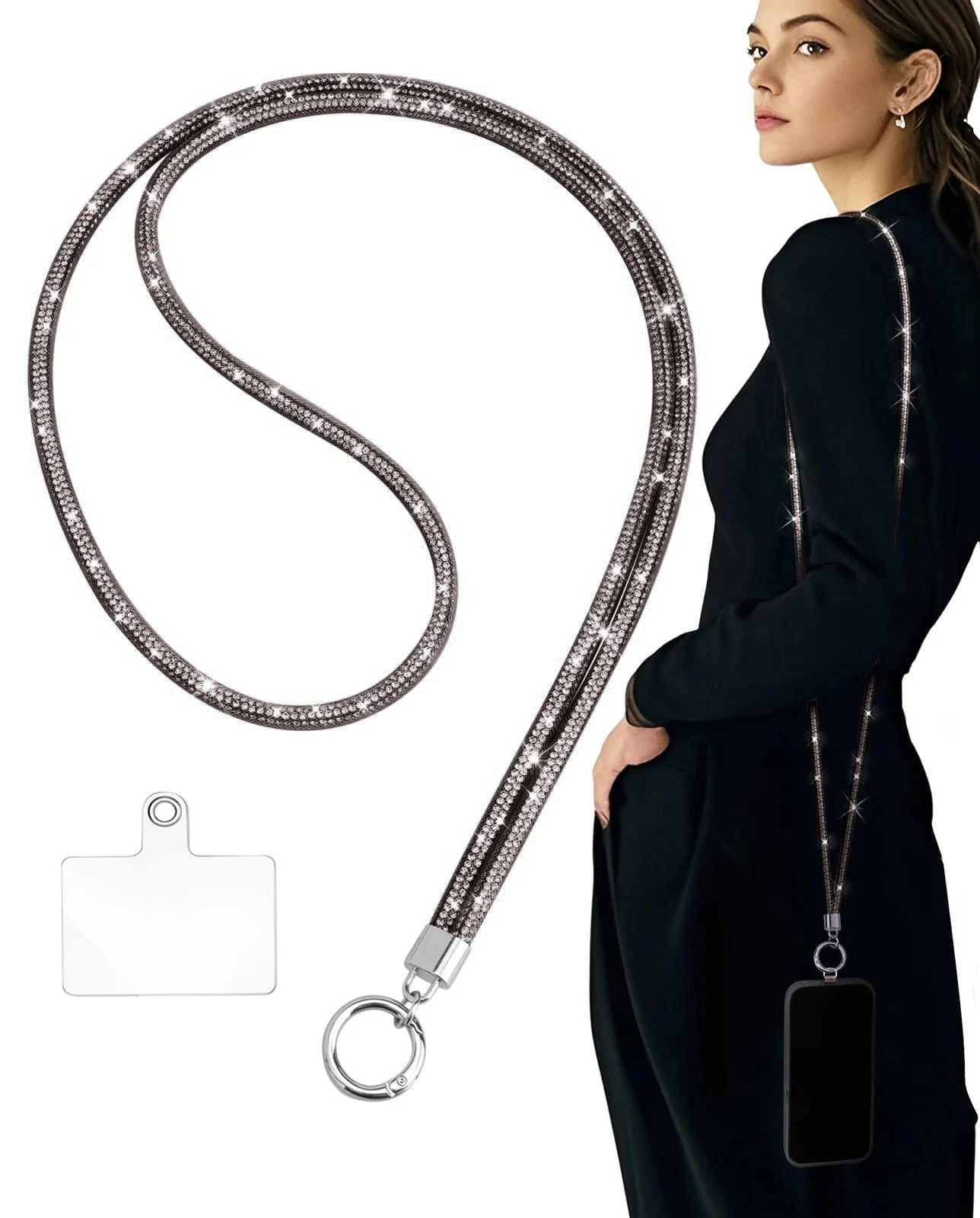 DL3 Mobilak Universal Phone Lanyard Crossbody, Rhinestone Cell Phone Chain Anti-Theft with 1× Shiny Phone Strap, 1× Pad for Most Smartphones, Diamond Phone Neck Holder for Women