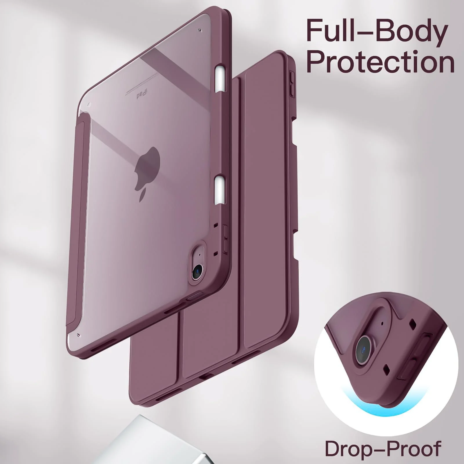 DL3 Mobilak Case Compatible with iPad (A16) 11th Generation 11 Inch (2025), iPad 10th Generation 10.9 Inch (2022), Clear Shockproof Back Cover Built-in Pencil Holder, Auto Sleep/Wake - Plum