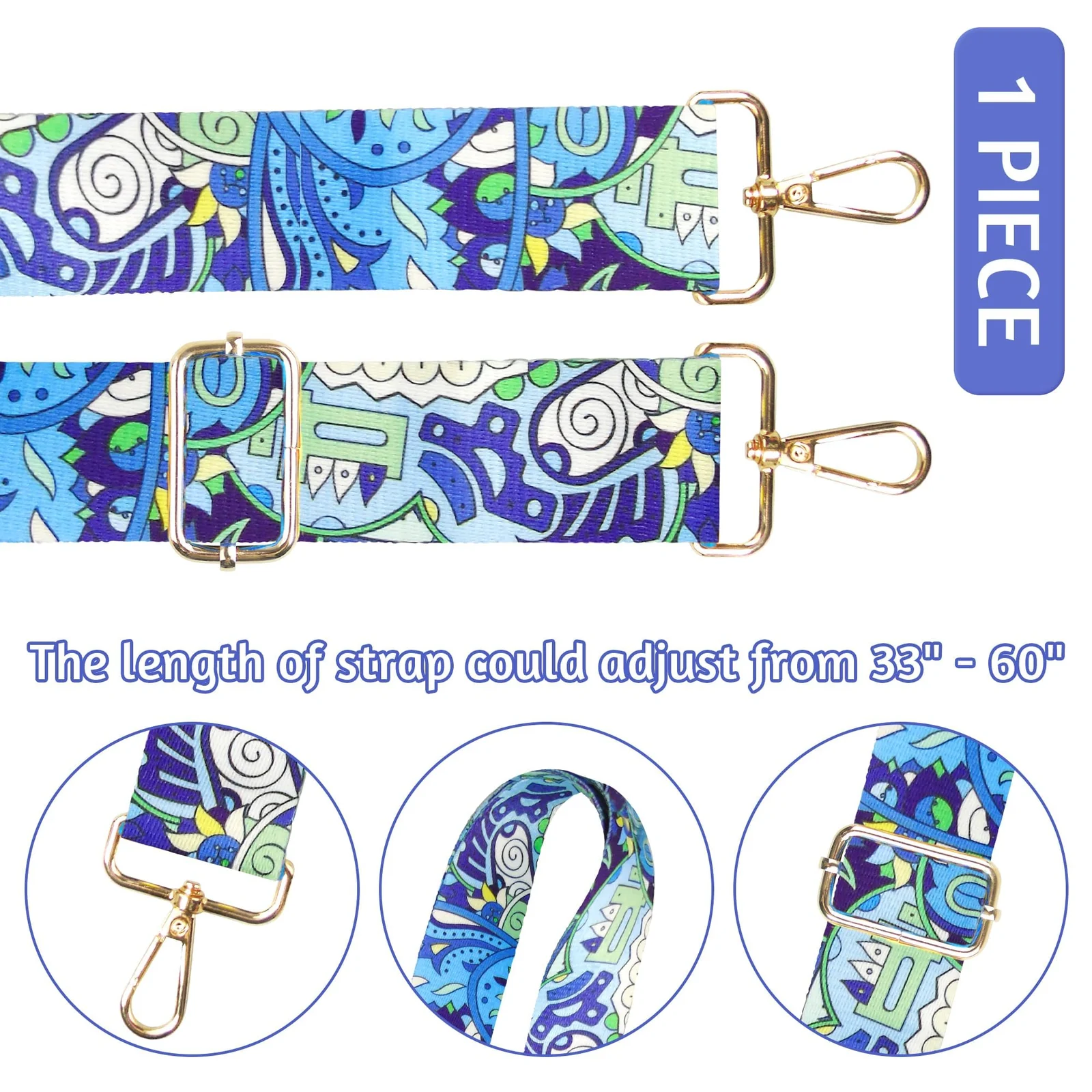 DL3 Mobilak Adjustable Wide Crossbody Bag Strap for Women, Replacement Shoulder Strap for Handbags, Totes & Purses with Elegant Embroidered Pattern and Metal Hooks - Blue Green