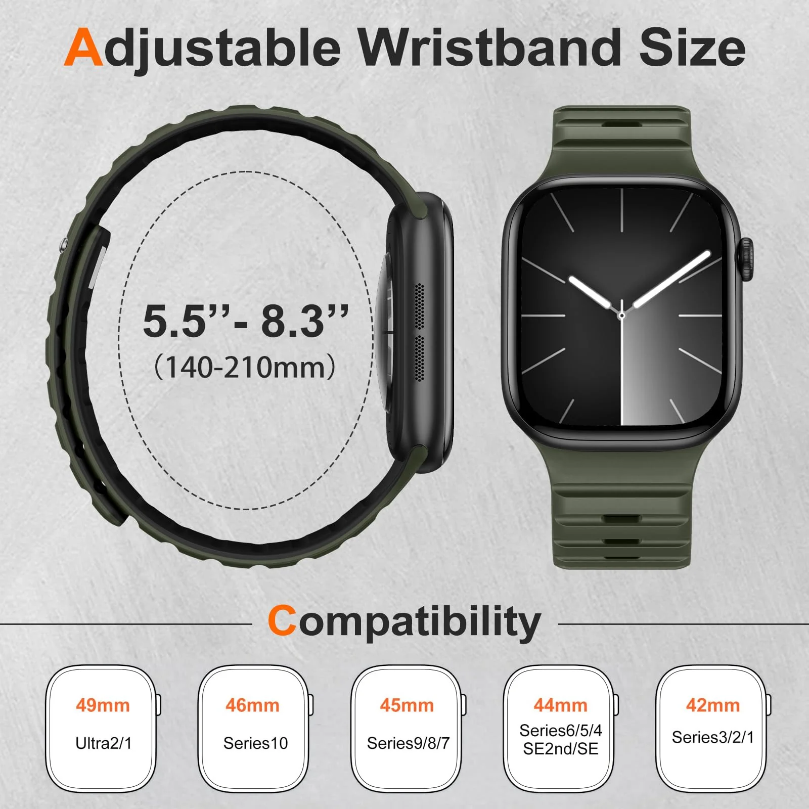 DL3 MOBILAK Adjustable Silicone Sports Watch Strap for 49MM - Green/Black