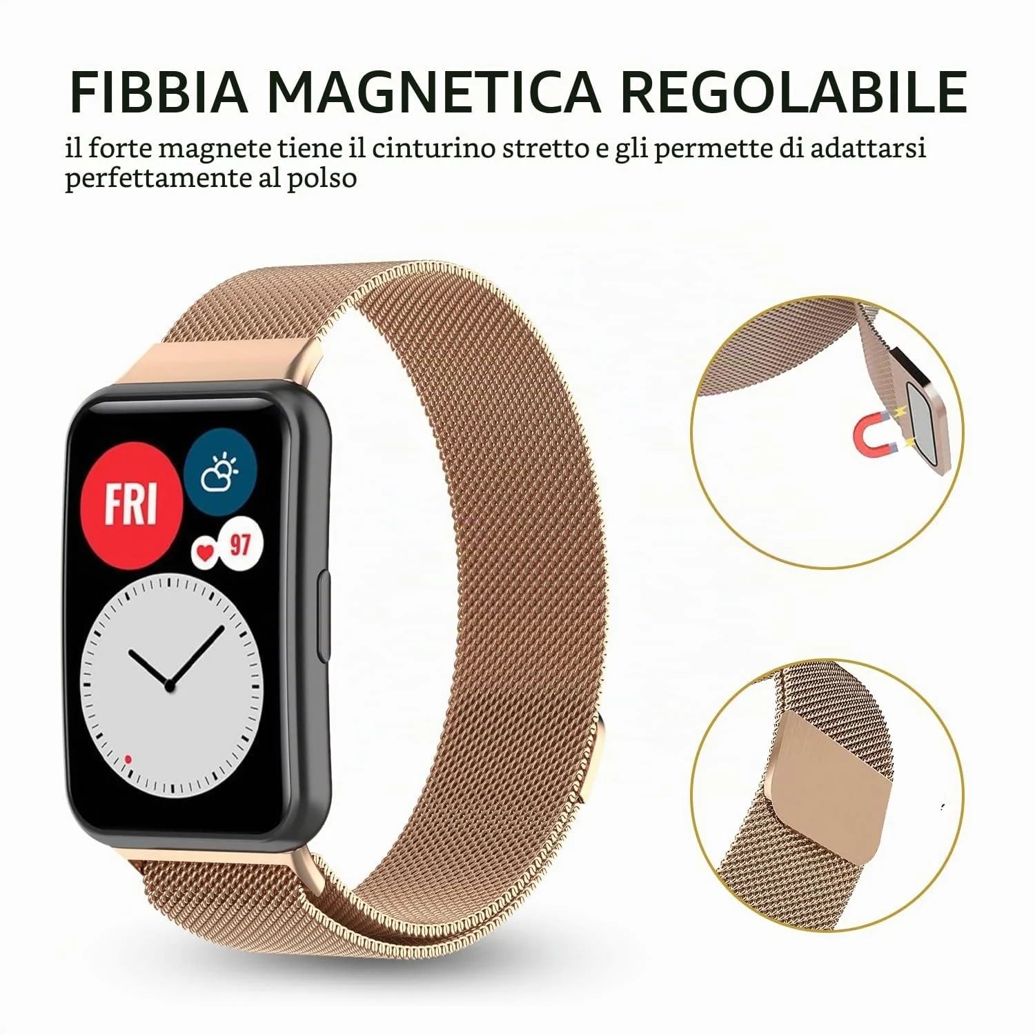 DL3 MOBILAK Milanese Magnetic Stainless-Steel Watch Strap for Huawei Watch Fit - Rose Gold