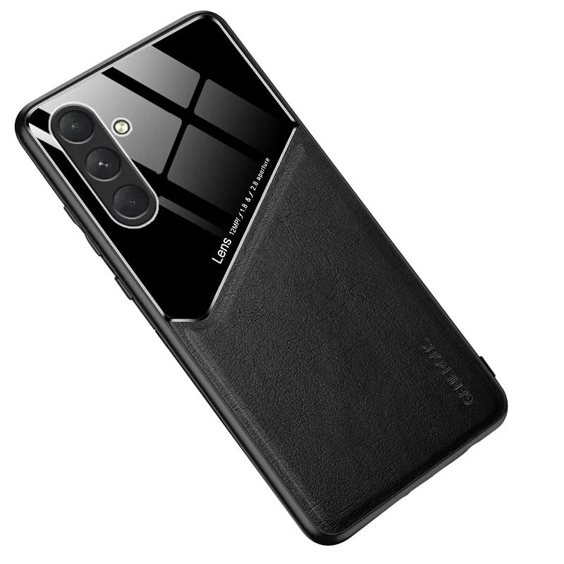 DL3 Mobilak Luxury Case For Samsung Galaxy S23 Fe, Ultra-Thin Soft TPU Frame, Back Leather Mixed Double+Plexiglass Protective Cover With Built-in Car Magnetic - Black
