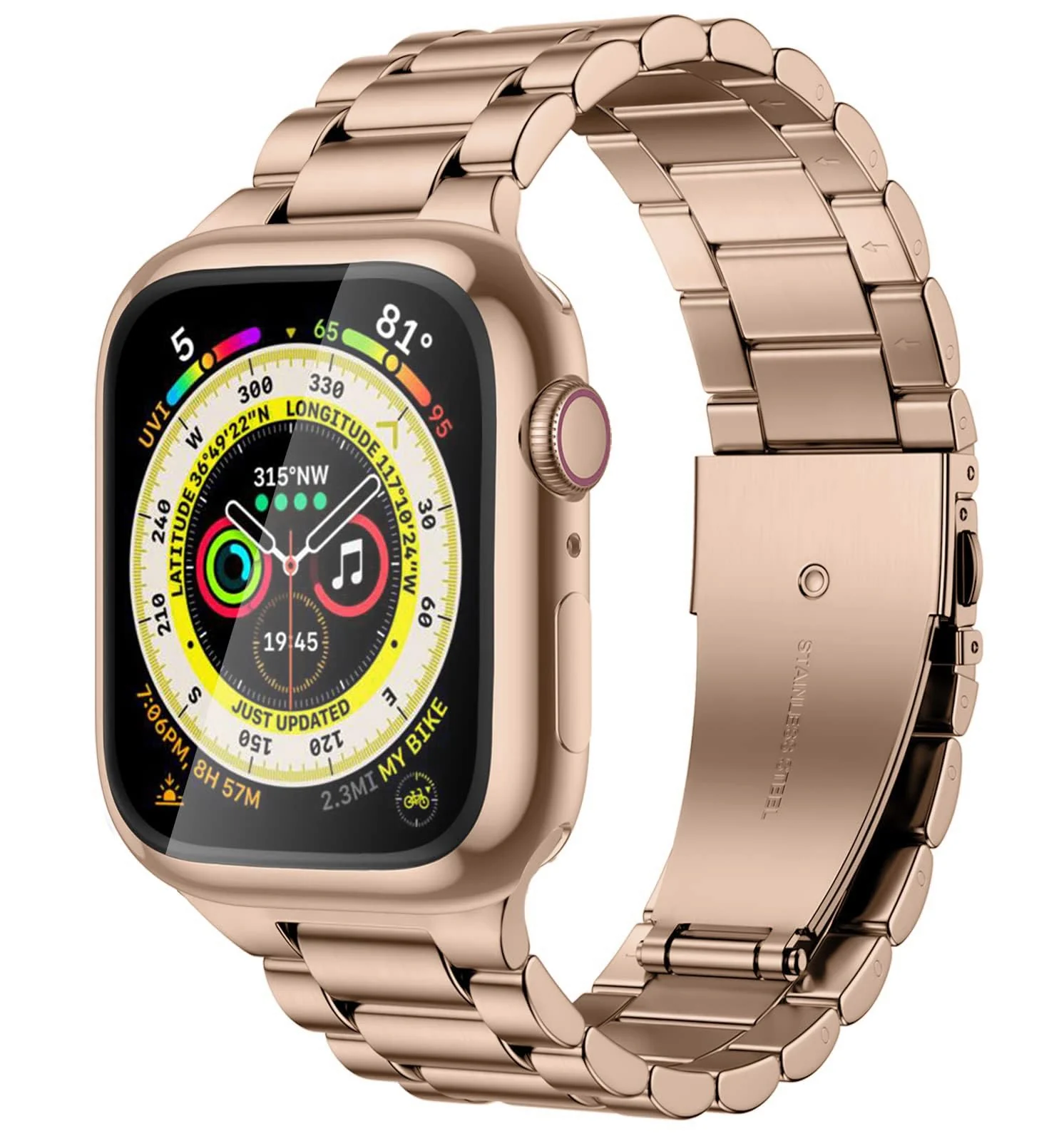 DL3 Mobilak Stainless Steel Band with Case Compatible with Apple Watch Band 45mm Series 9/8/7, Men Woman Business Strap with Protective Bumper Cover for iWatch Series 7/8/9 45mm - Rose Gold
