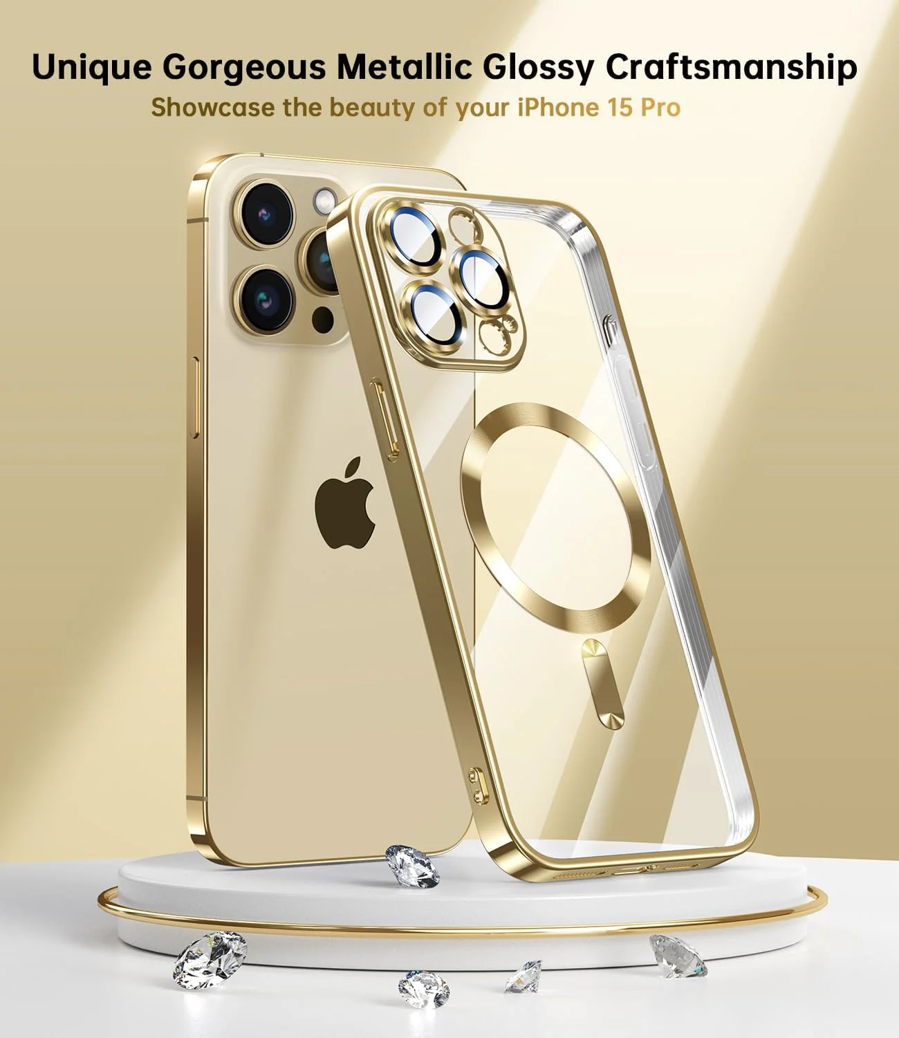DL3 MOBILAK Case for iPhone 13 Pro (6.1 Inch) Compatible with MagSafe, with Camera Lens Protector, Magnetic Clear Case Slim Plated Protective Case - Gold