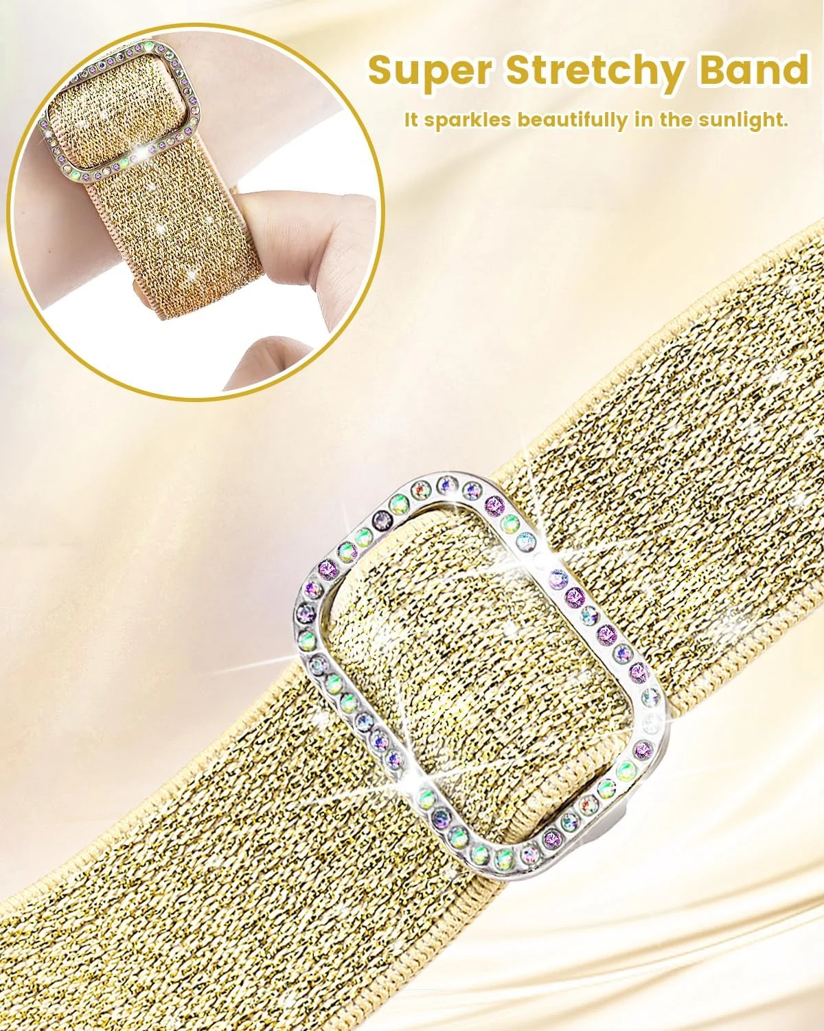 DL3 Mobilak Stretchy Bling Band For Apple Watch 49mm 46mm 45mm 44mm 42mm Women, Nylon Sparkly Strap Solo Loop Glitter Wristband for iWatch Series 11 10 9 8 7 6 5 4 SE3 SE2 SE Ultra 3 2 1 - Gold