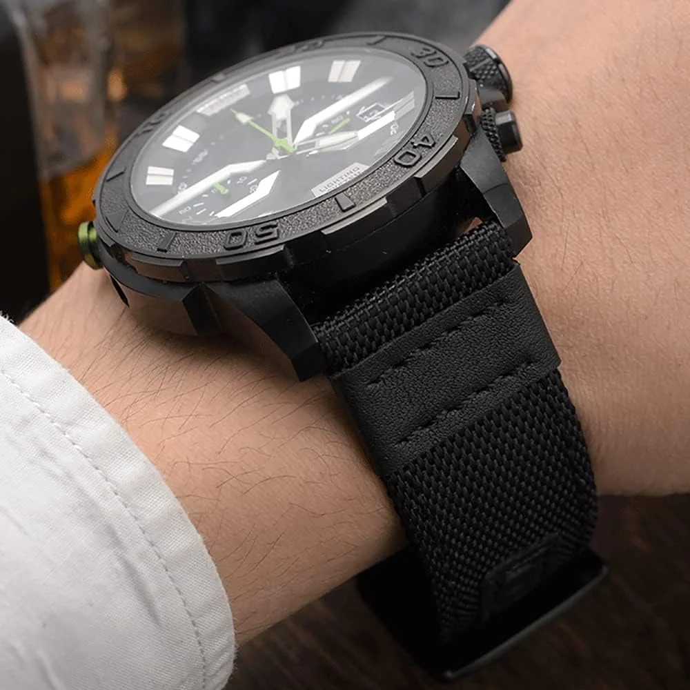 DL3 Mobilak Nylon Sports Bands With Leather 20MM Strap for Samsung Gear Sport, Watch 6, 4, 5, 5 Pro, S2 Classic, Active 2 40mm 44mm, Amazfit GTS 3, 4, 4 Mini, Bip 3 Pro, GTS2, Bp U - Black