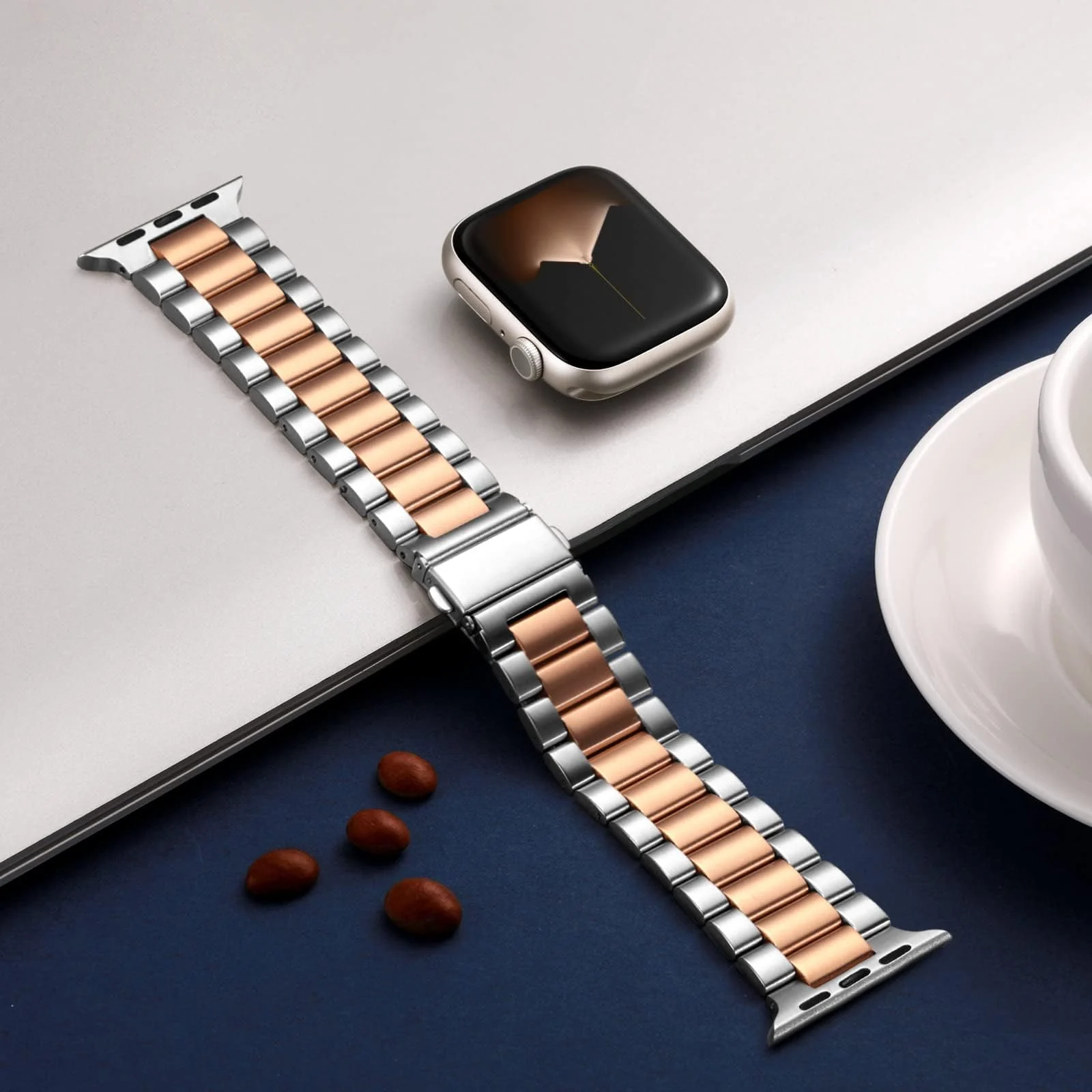 DL3 Mobilak Stainless Steel Band with Case Compatible with Apple Watch Band 45mm Series 9/8/7, Men Woman Business Strap with Protective Bumper Cover for iWatch Series 7/8/9 45mm - Silver Rose Gold