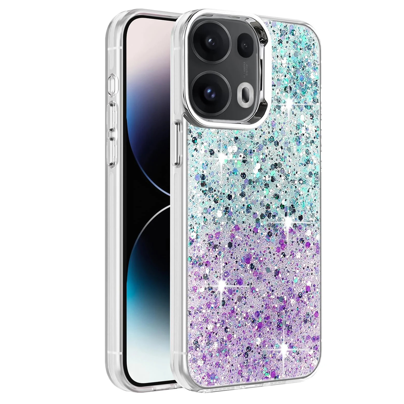 DL3 Mobilak Compatible with OPPO Reno 13 Pro 5G Case, Clear Glitter Bling Sparkly, Soft TPU Frame Bumper, Hard-Back Cover for Women & Girls, Transparent Protective Phone Case - Green Purple