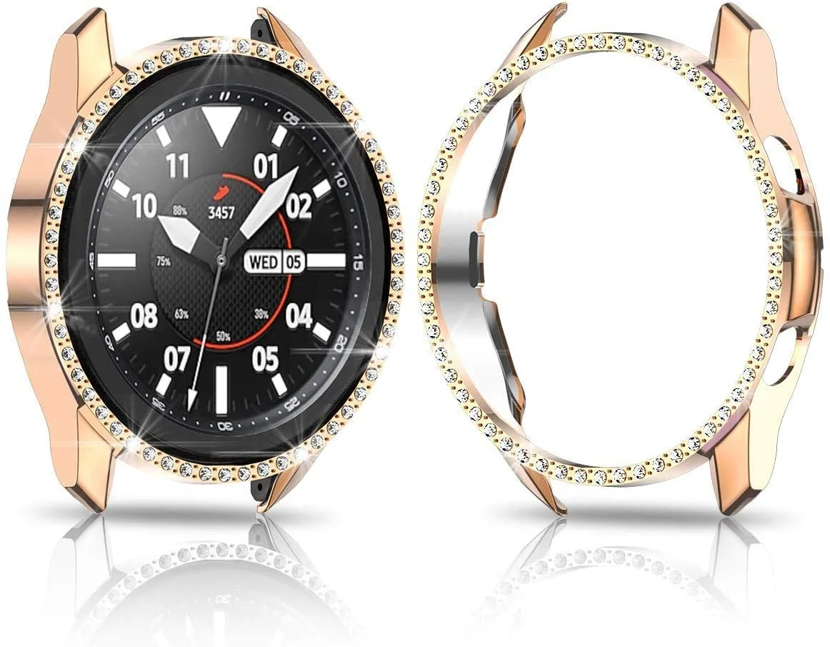 DL3 Mobilak Bumper Diamond Case Compatible with Samsung Galaxy Watch 3 45MM, Bling Crystal Diamonds PC Plastic Protector Case Cover Frame for Galaxy Watch3 45 MM - Rose Gold