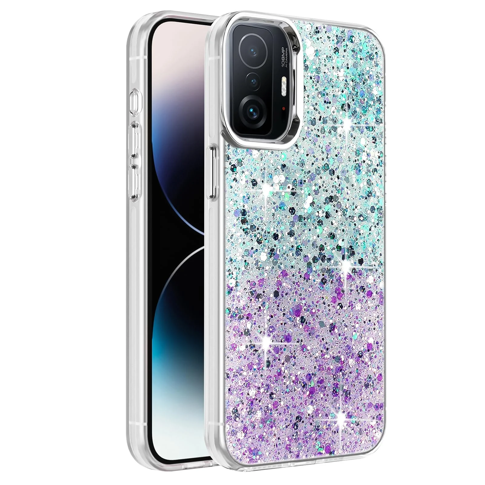 DL3 Mobilak Glitter Protective Case for Xiaomi 11T 5G / Xiaomi 11T Pro 5G, Supports wireless charging, Camera protection, Shock-absorbing protection - Green Purple